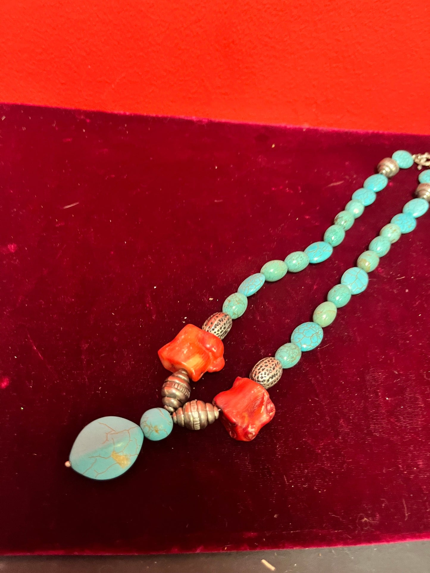 Approximately 20 inch long, turquoise and silver necklace