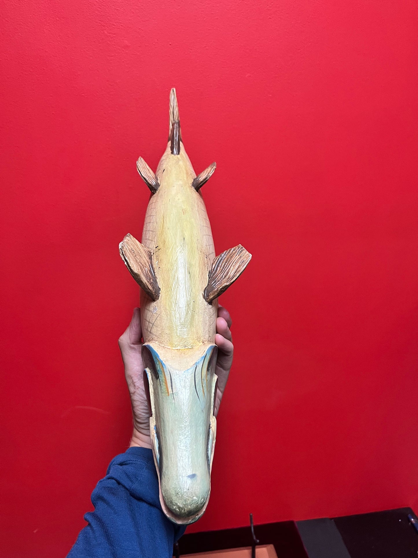 Antique wooden folk art fish on modern stand  unbelievable quality and condition  21 x 10 high without stand  fishing beauty -