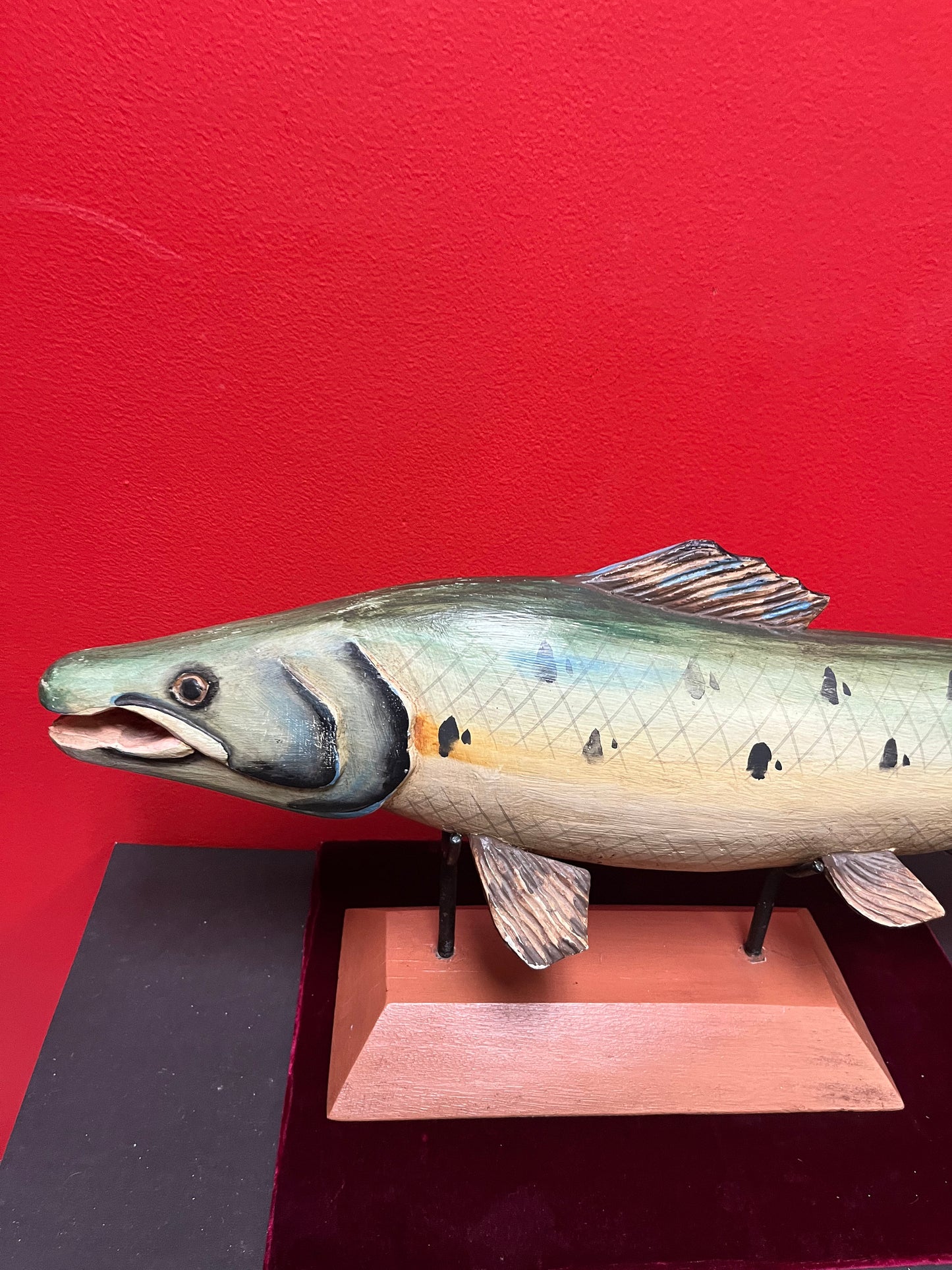 Antique wooden folk art fish on modern stand  unbelievable quality and condition  21 x 10 high without stand  fishing beauty -