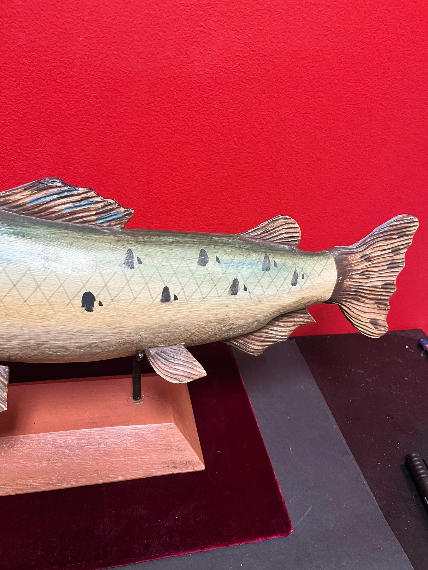 Antique wooden folk art fish on modern stand  unbelievable quality and condition  21 x 10 high without stand  fishing beauty -