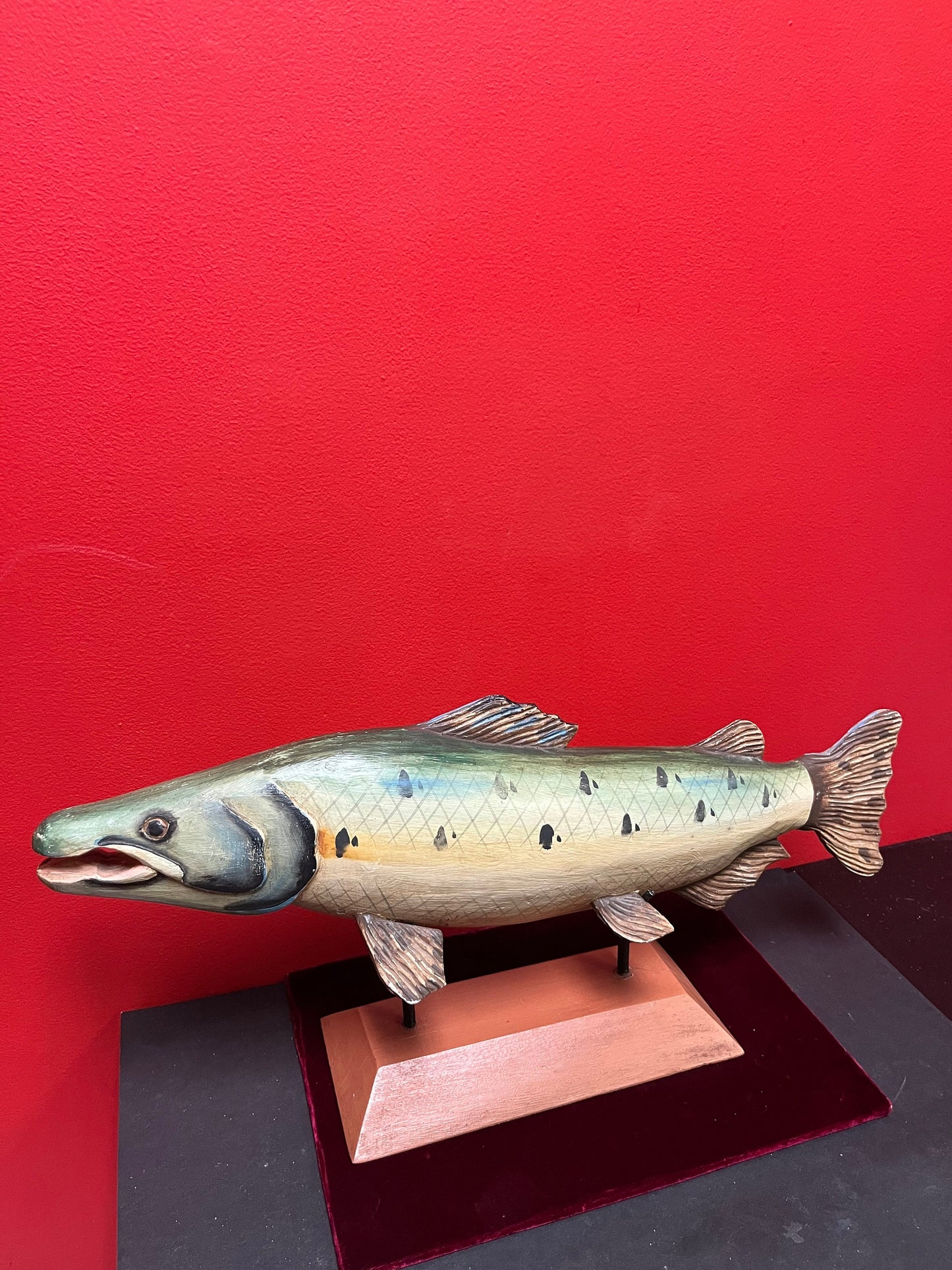 Antique wooden folk art fish on modern stand  unbelievable quality and condition  21 x 10 high without stand  fishing beauty -