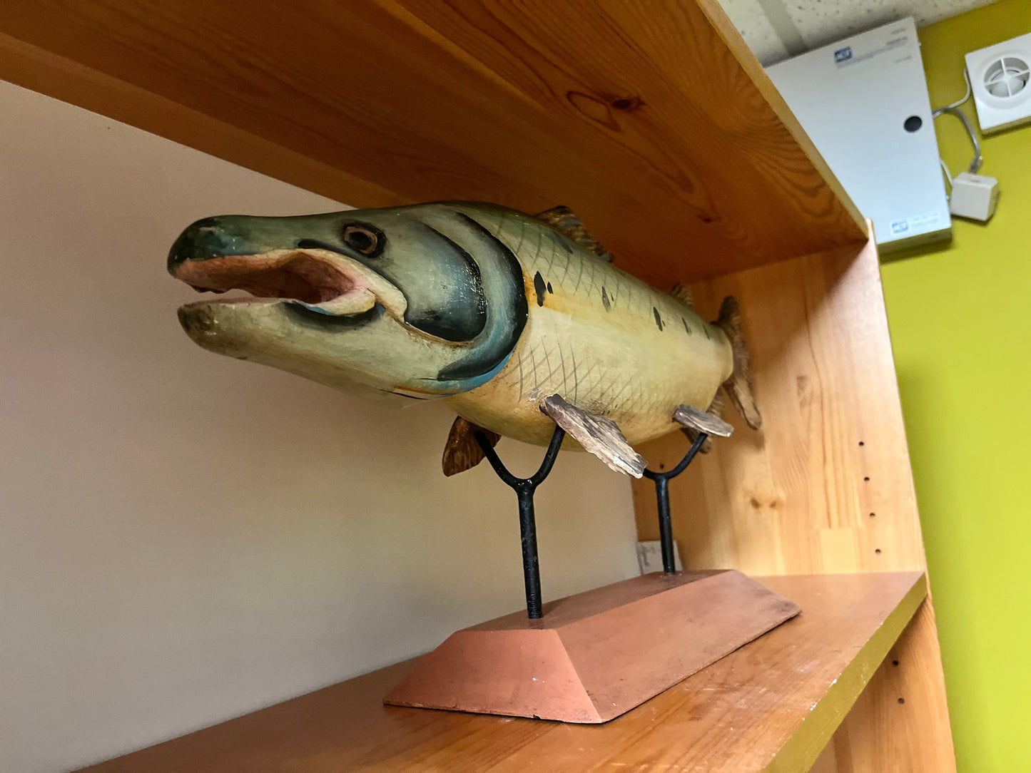 Antique wooden folk art fish on modern stand  unbelievable quality and condition  21 x 10 high without stand  fishing beauty -