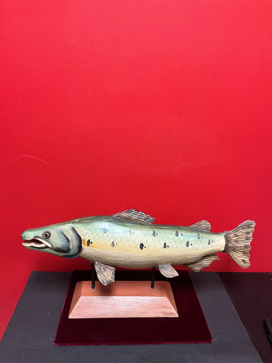 Antique wooden folk art fish on modern stand  unbelievable quality and condition  21 x 10 high without stand  fishing beauty -
