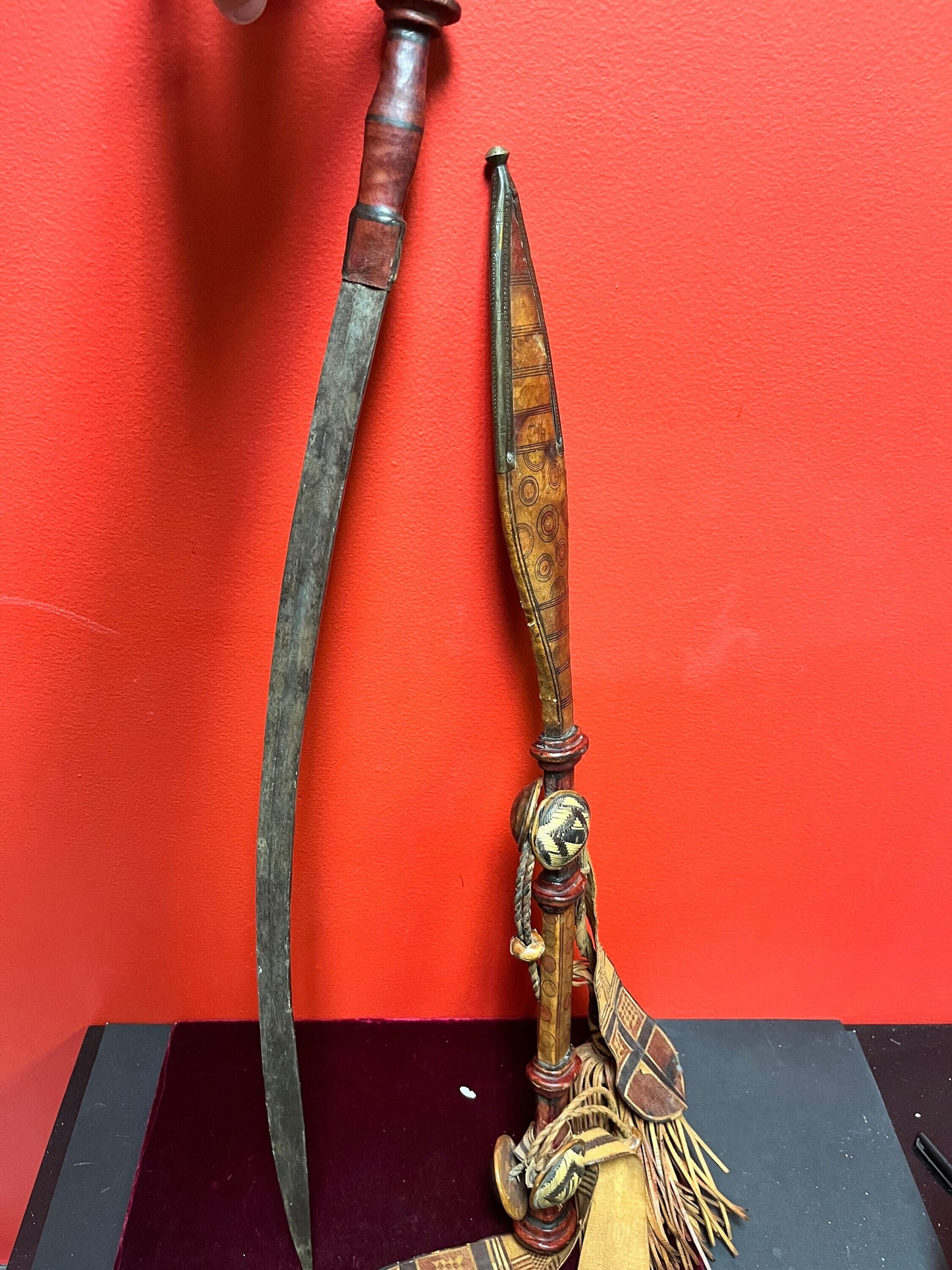 Unbelievably cool antique Persian 28 inch long sword knife  in leather sheaf  Great detail and quality - wow