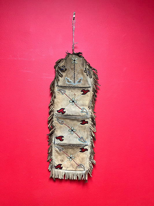 Early indigenous leather and sewn spices and medicine pouch  18 x 9 inches -  late 1800s  Indigenous First Nations northwest coast