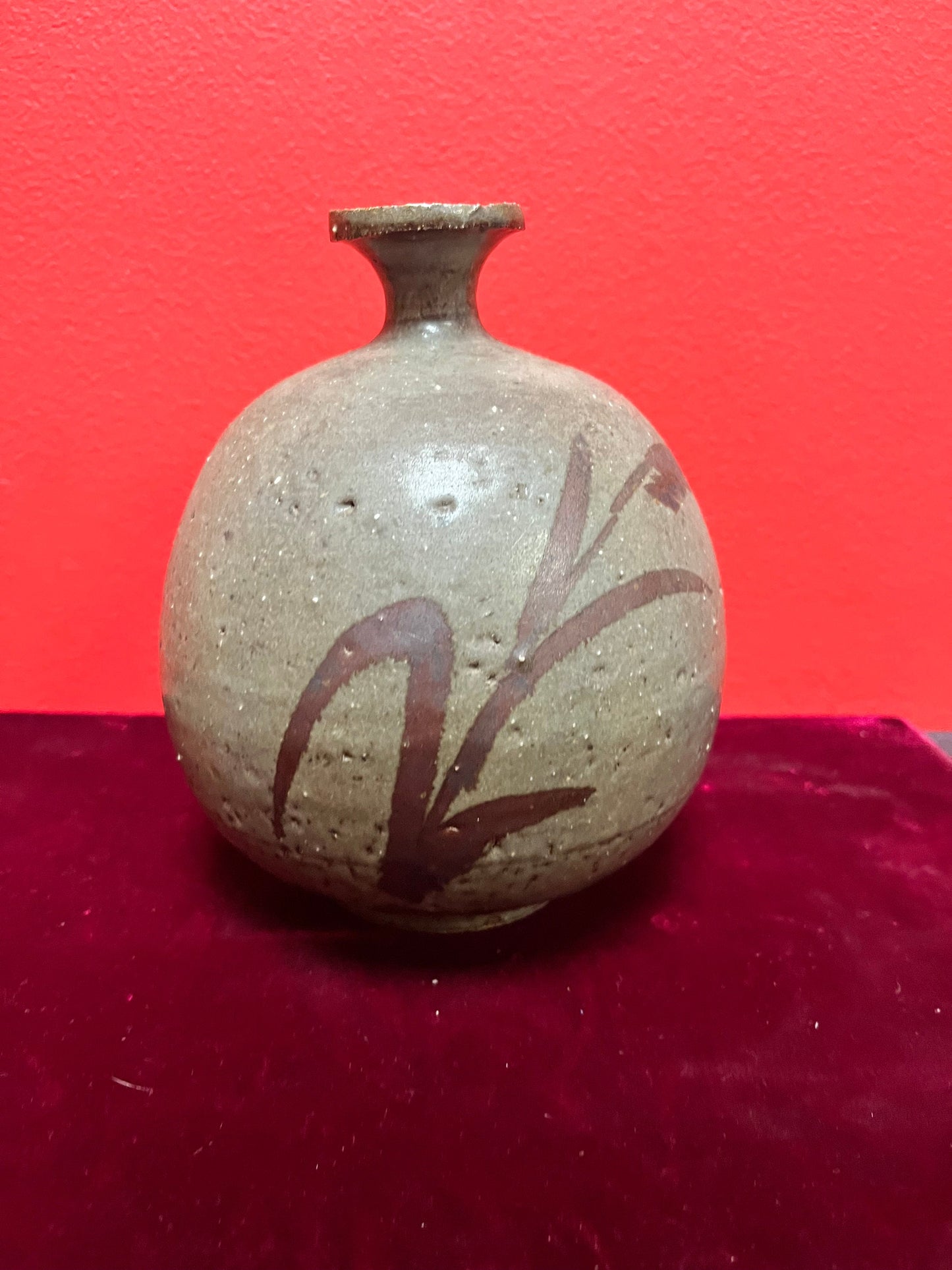 Lovely 7 inch tall Asian, glazed pottery vase  signed  unusual and cool  great  condition