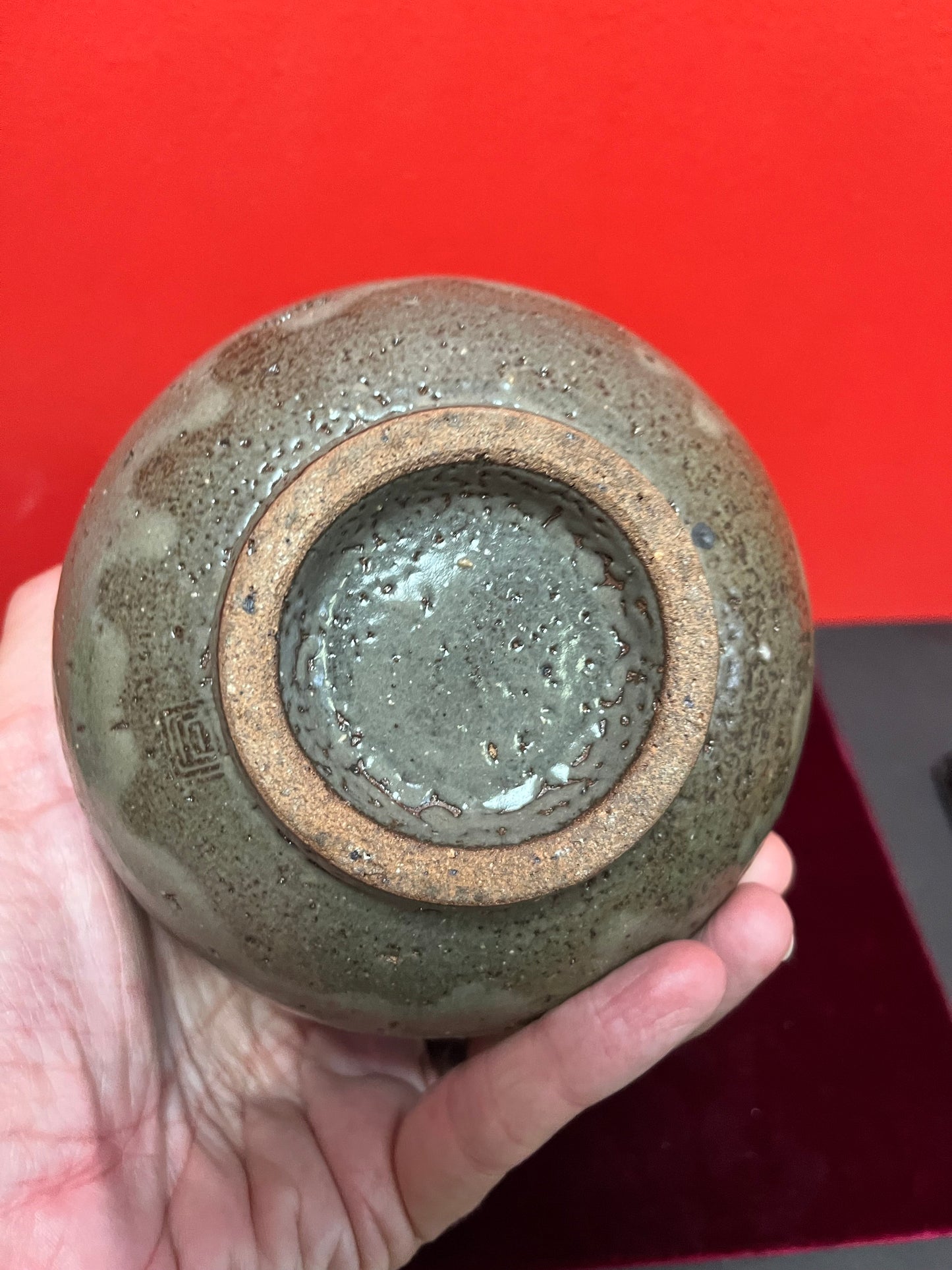 Lovely 7 inch tall Asian, glazed pottery vase  signed  unusual and cool  great  condition