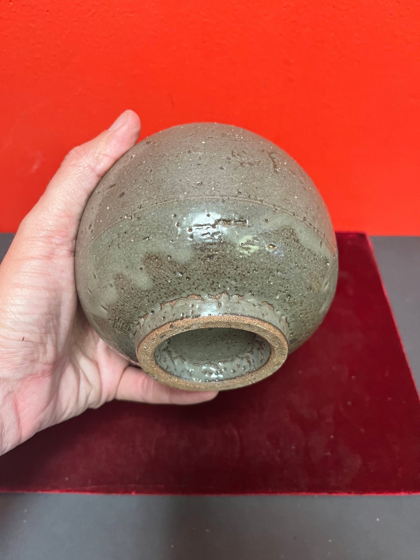 Lovely 7 inch tall Asian, glazed pottery vase  signed  unusual and cool  great  condition