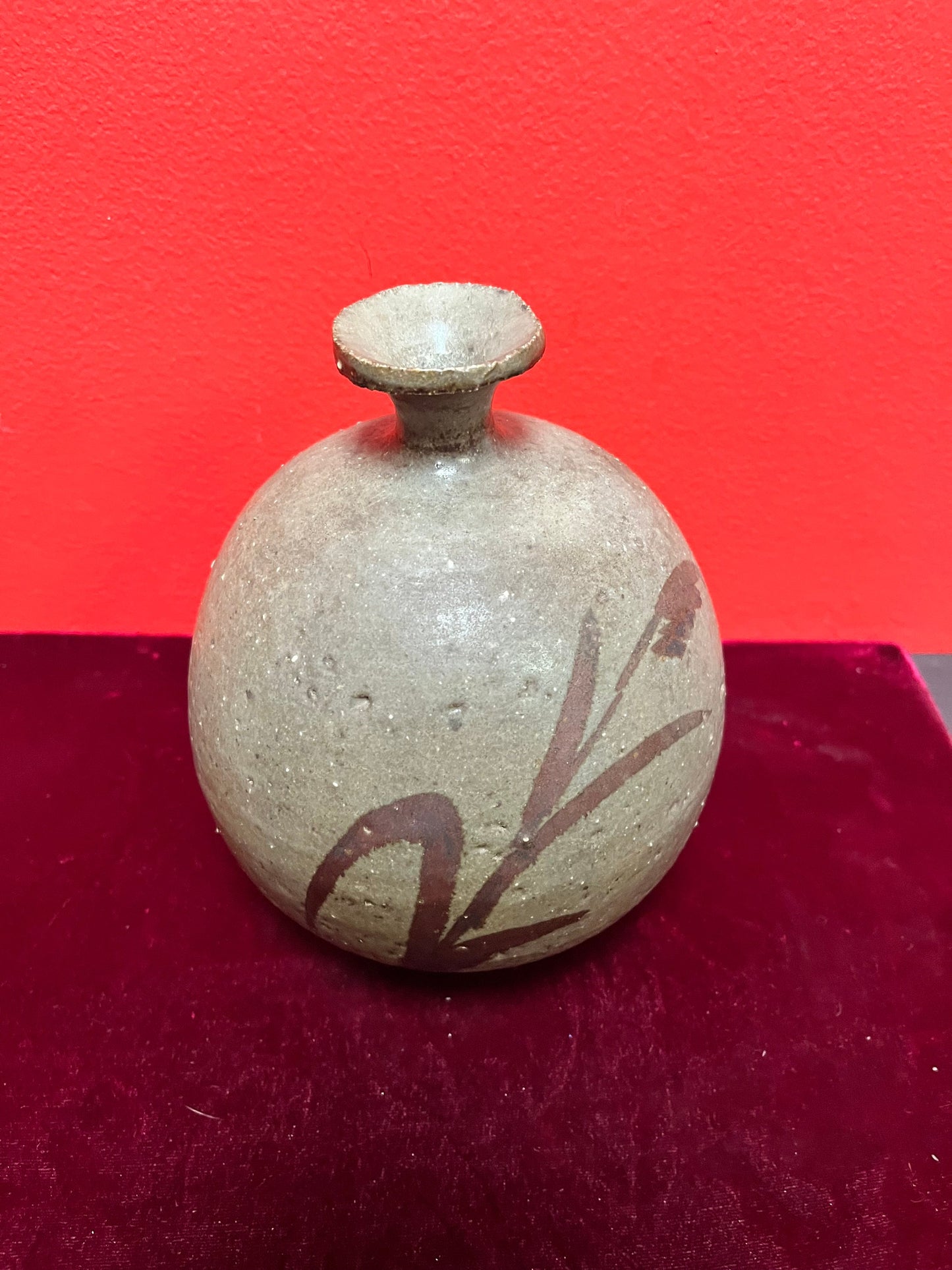 Lovely 7 inch tall Asian, glazed pottery vase  signed  unusual and cool  great  condition