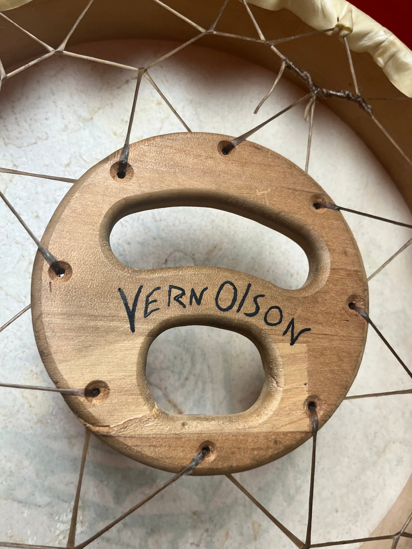 Lovely 14 inch indigenous first nations drum signed  sea monster  Vern Olson  great condition and sound  amazing gift