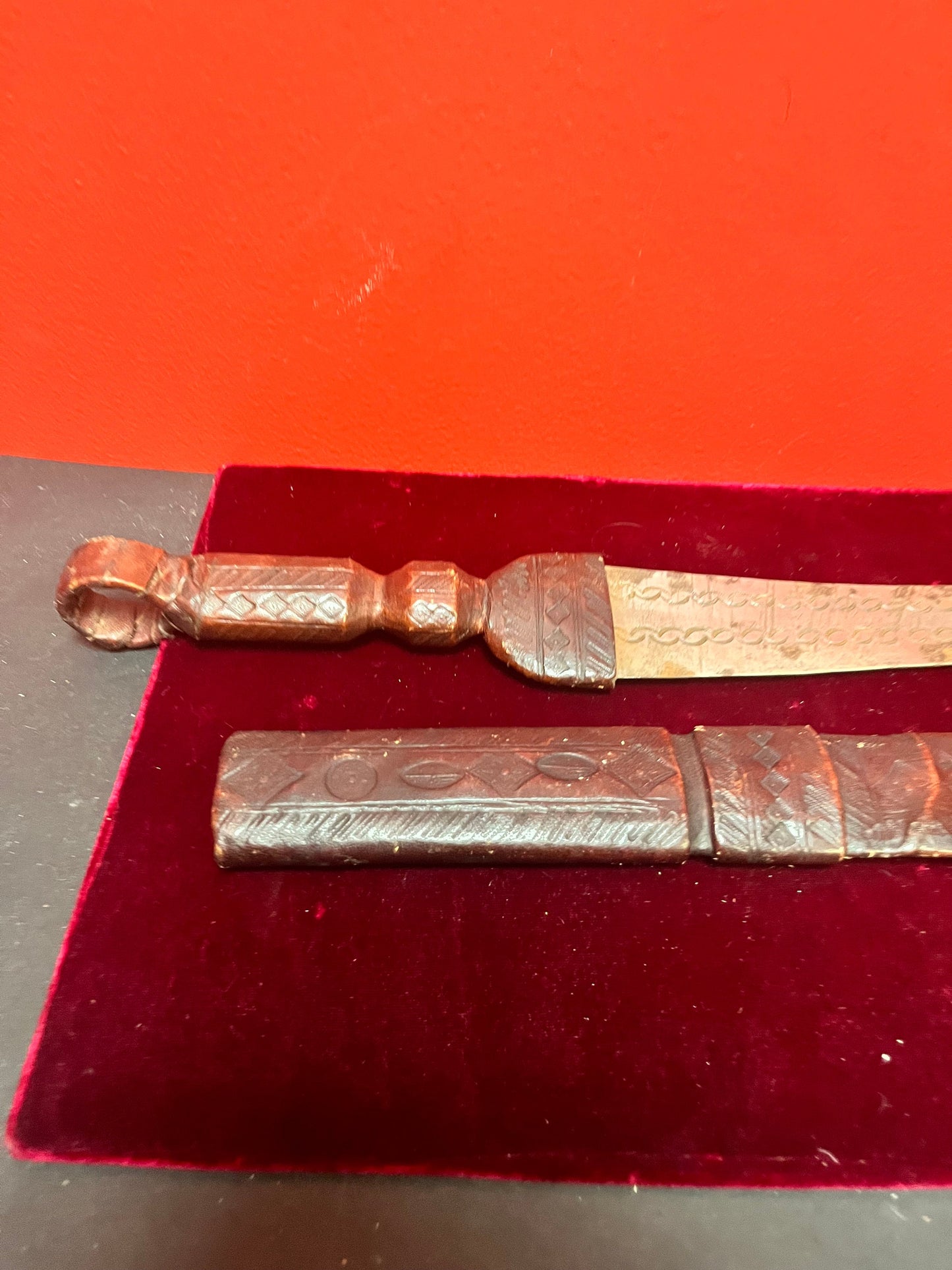 Lovely antique 19 inch Middle Eastern knife in original leather sheath   quite good condition  unique gift