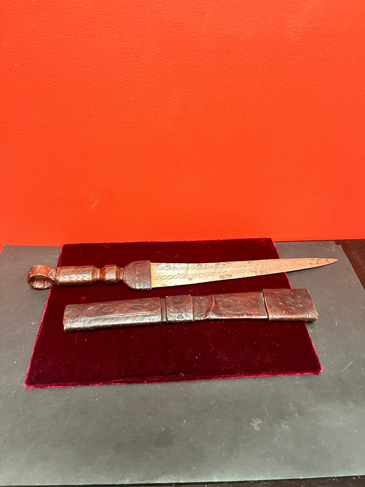 Lovely antique 19 inch Middle Eastern knife in original leather sheath   quite good condition  unique gift