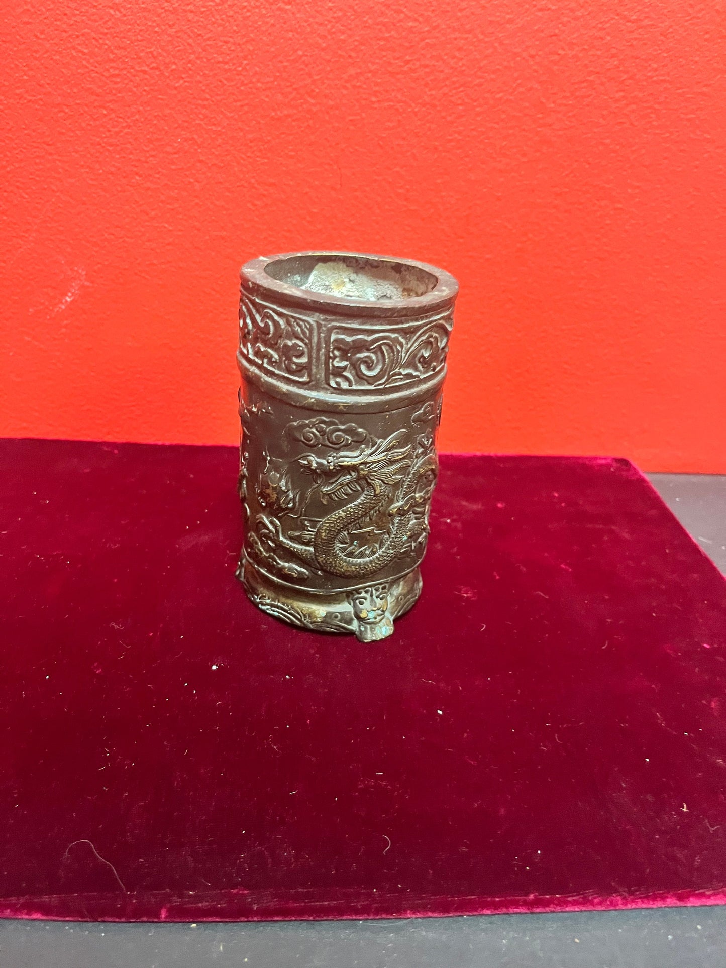 Beautiful 5 inch high signed antique Chinese metal dragon vase  very cool and heavy