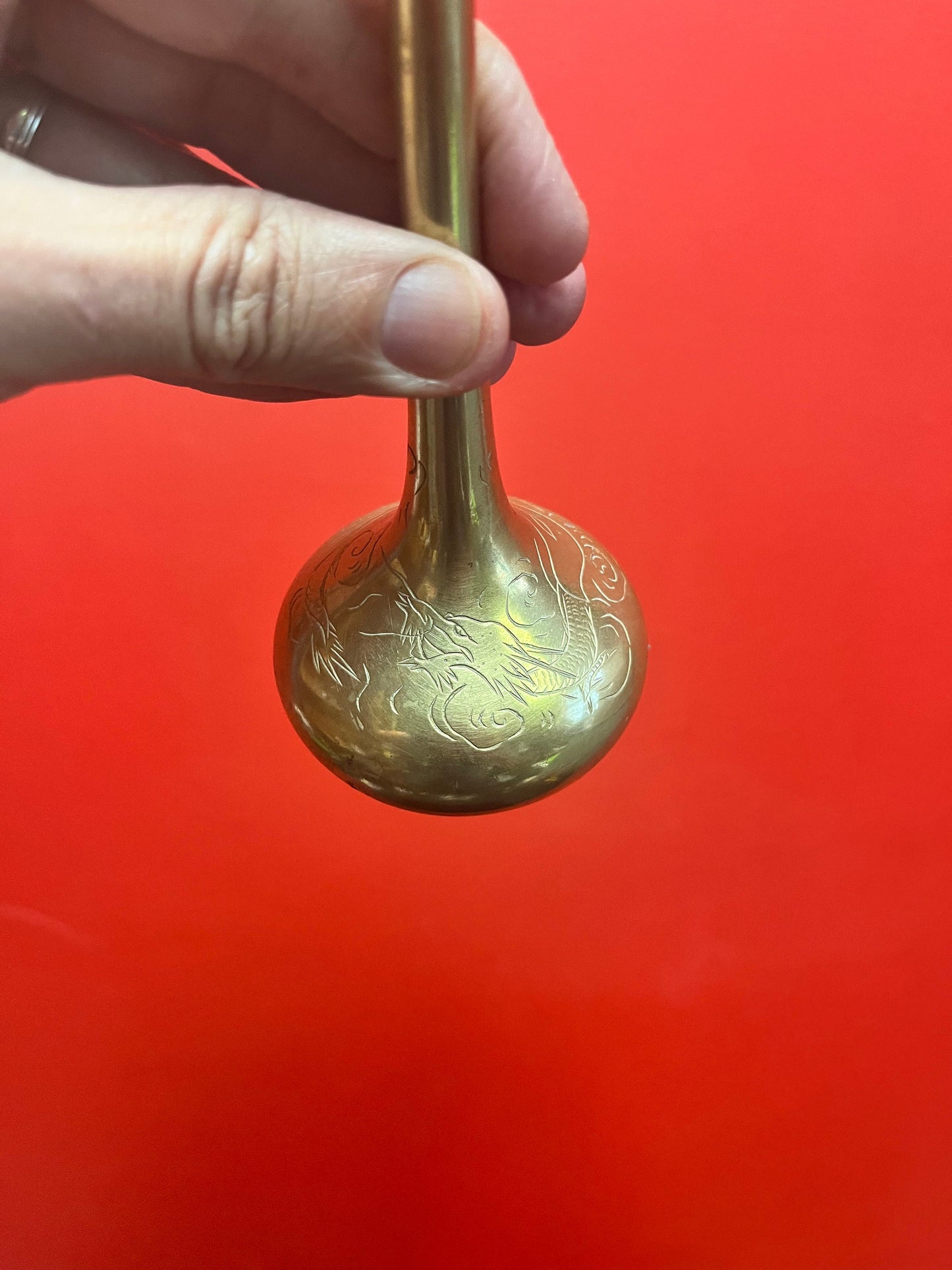 Lovely 8 inch tall  Chinese dragon brass vase  wonderful detail and quality