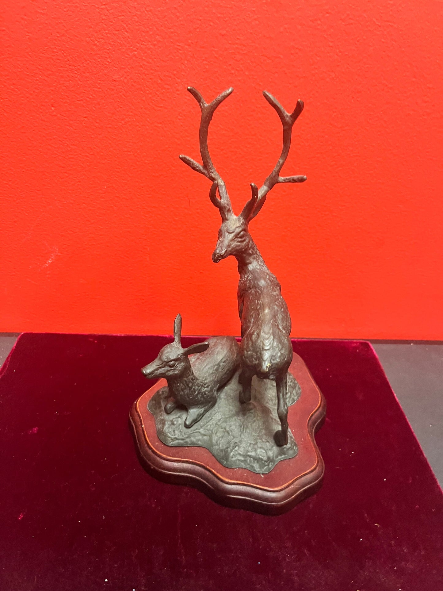Beautiful 10 inch high older bronze stag and fawn on base  lovely Patina