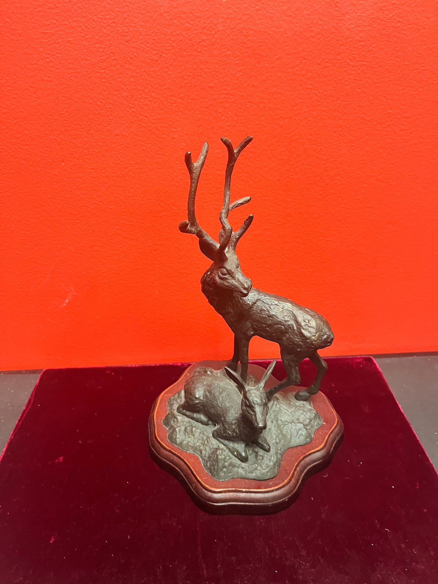 Beautiful 10 inch high older bronze stag and fawn on base  lovely Patina
