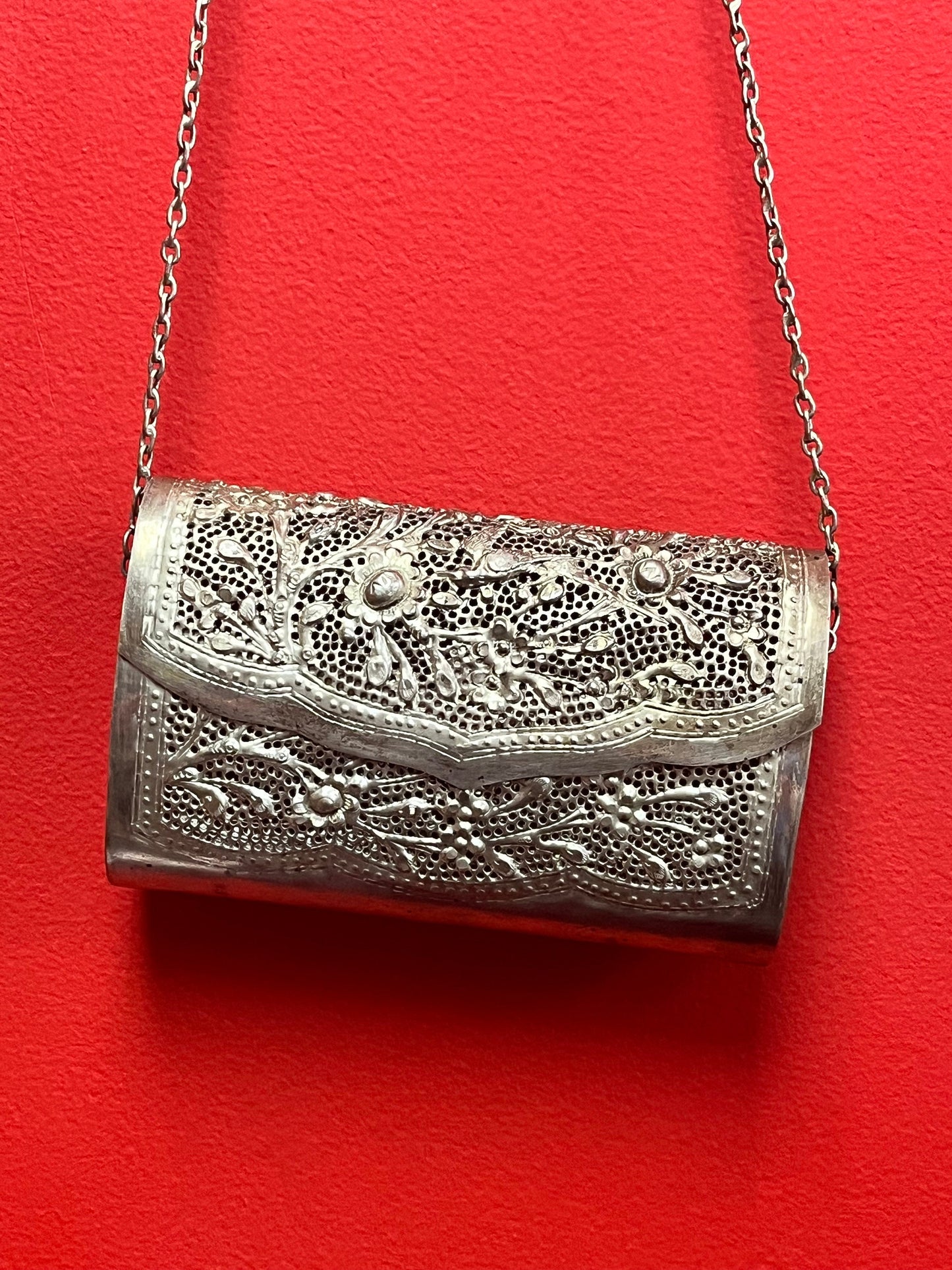 Beautiful 6 1/2 x 5 high silver filigree Cambodian Purse with chain  unique piece
