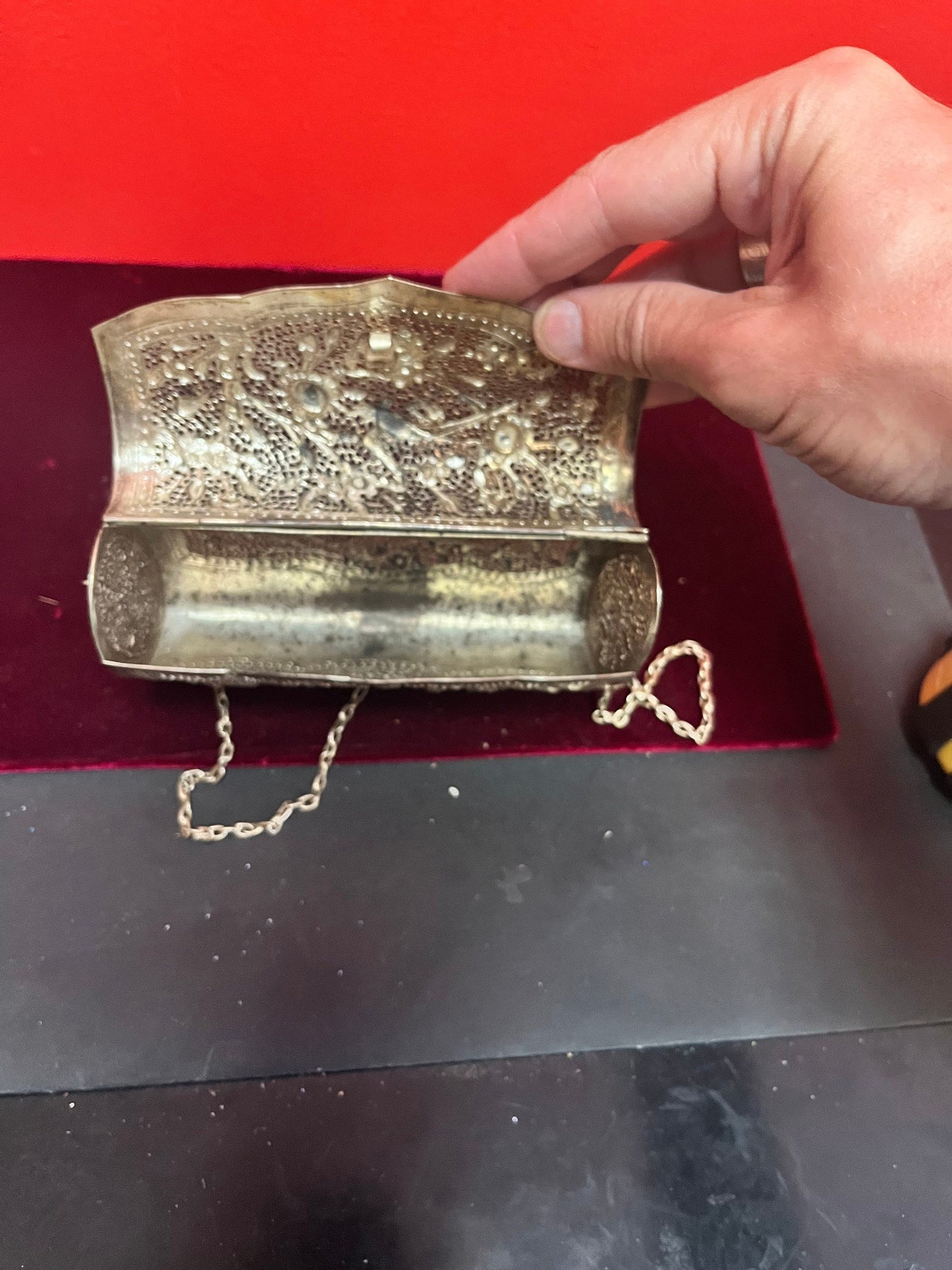 Beautiful 6 1/2 x 5 high silver filigree Cambodian Purse with chain  unique piece