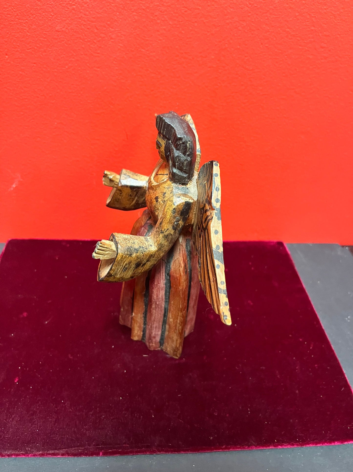 Stunning antique South American 9 inch primitive polychrome painted wooden cherub  outstanding piece