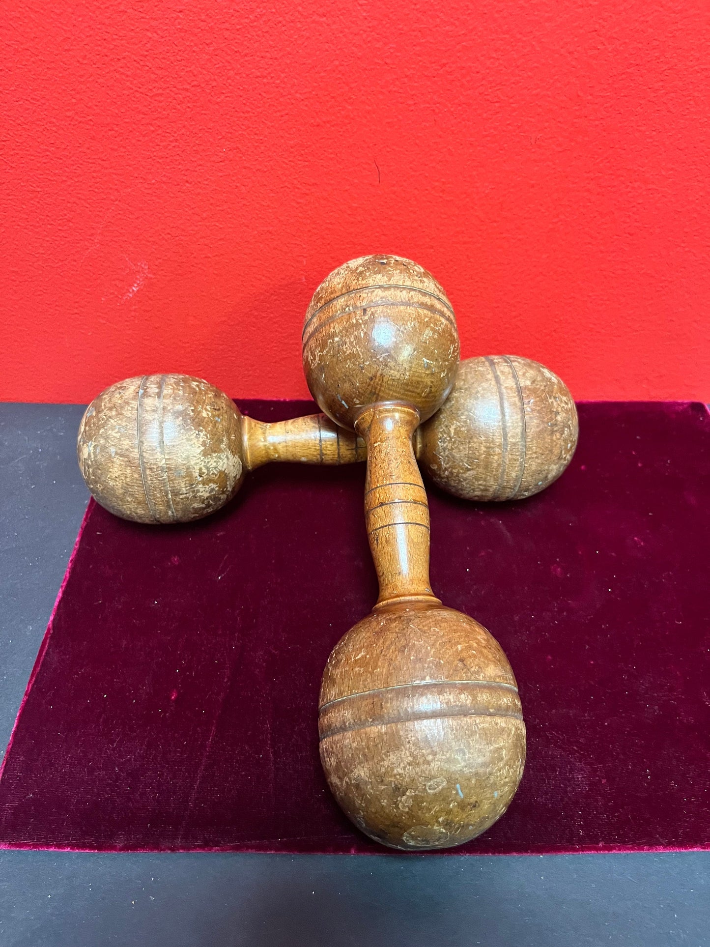 Antique 10 inch long, approximately 2 pounds each wooden dumbbells   used condition  so cool