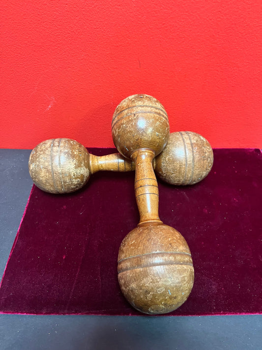 Antique 10 inch long, approximately 2 pounds each wooden dumbbells   used condition  so cool