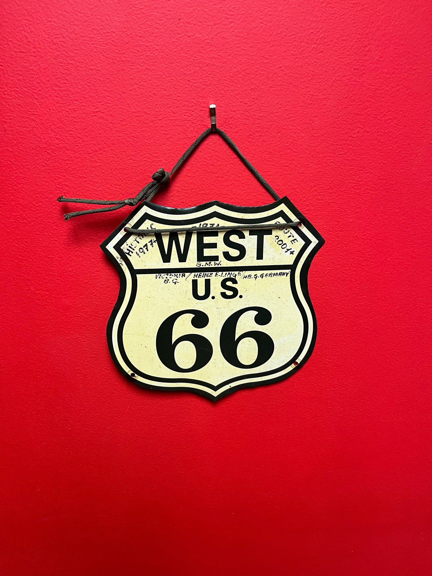 Fabulous 11 x 7“ wide route 66 original metal sign   numerous journal entries on the front and back  one of a