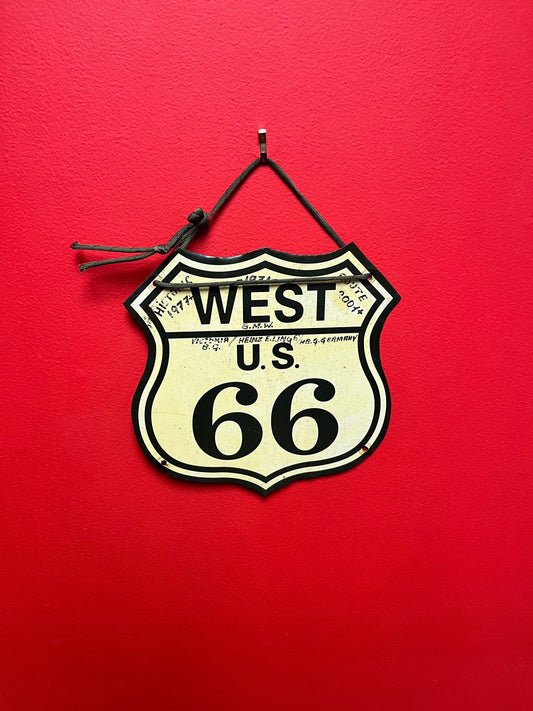 Fabulous 11 x 7“ wide route 66 original metal sign   numerous journal entries on the front and back  one of a