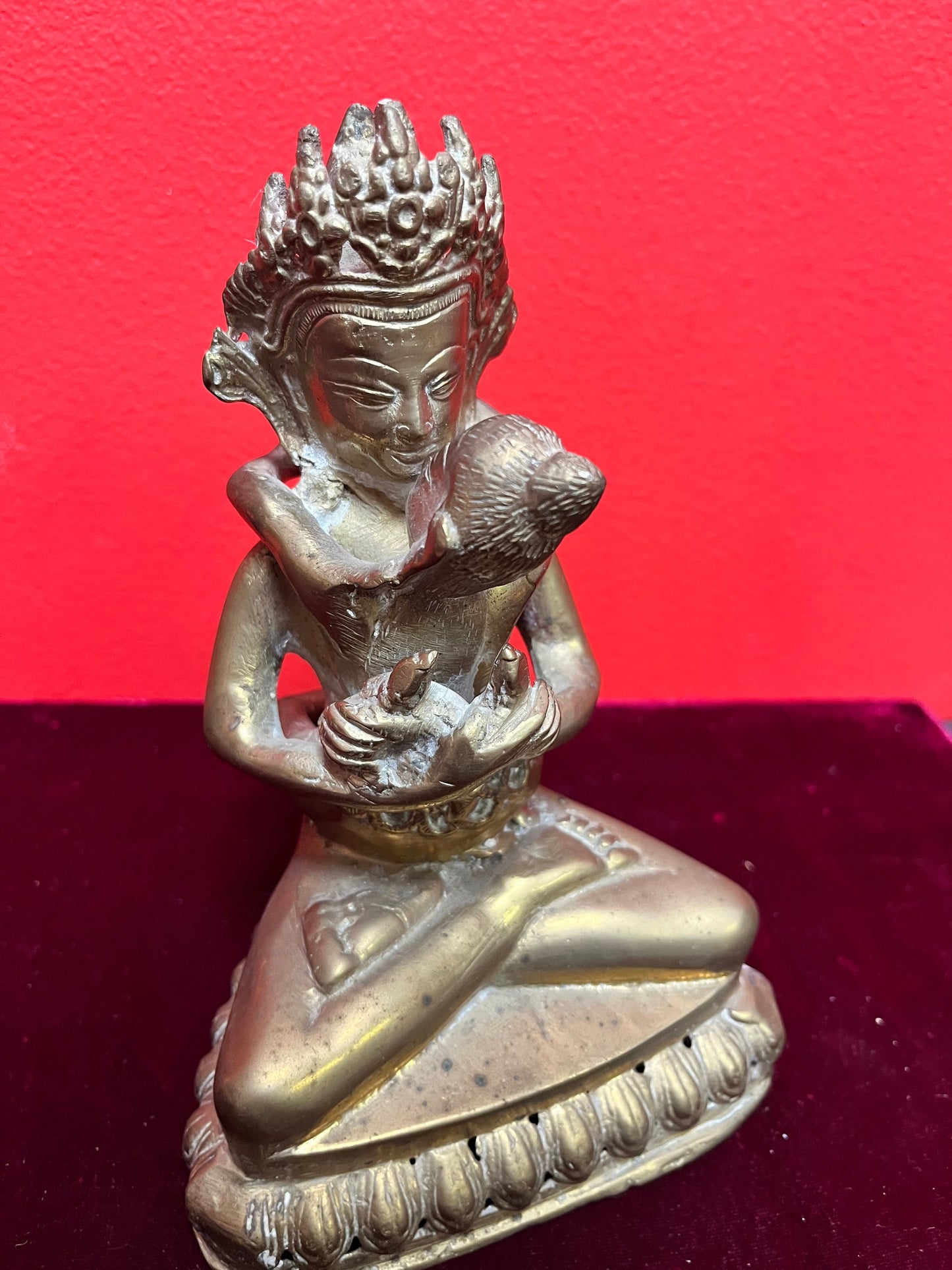 Fabulous 8 inch tall Asian antique brass heavy goddess with child  great detail  see photos