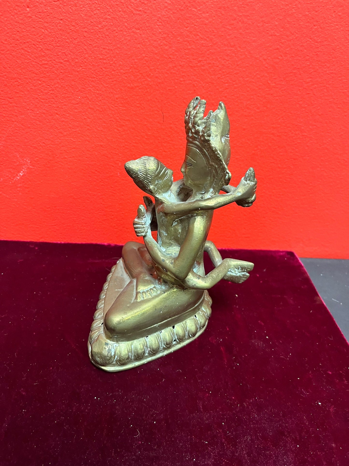 Fabulous 8 inch tall Asian antique brass heavy goddess with child  great detail  see photos