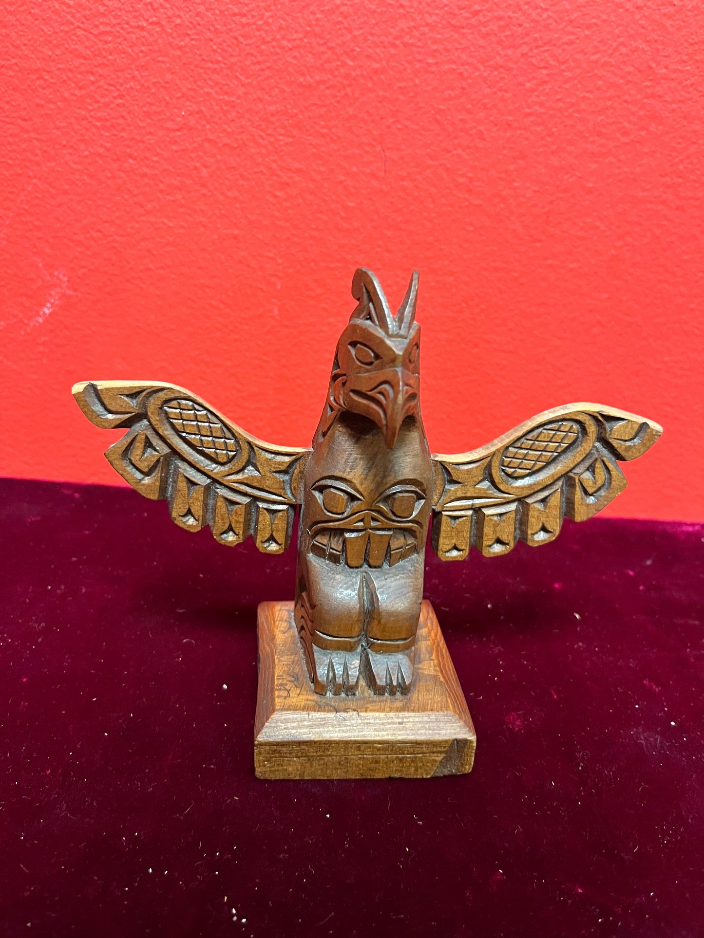 6 x 5“ high  lovely older signed cedar Indigenous First Nations pacific northwest coast winged totem pole  lovely