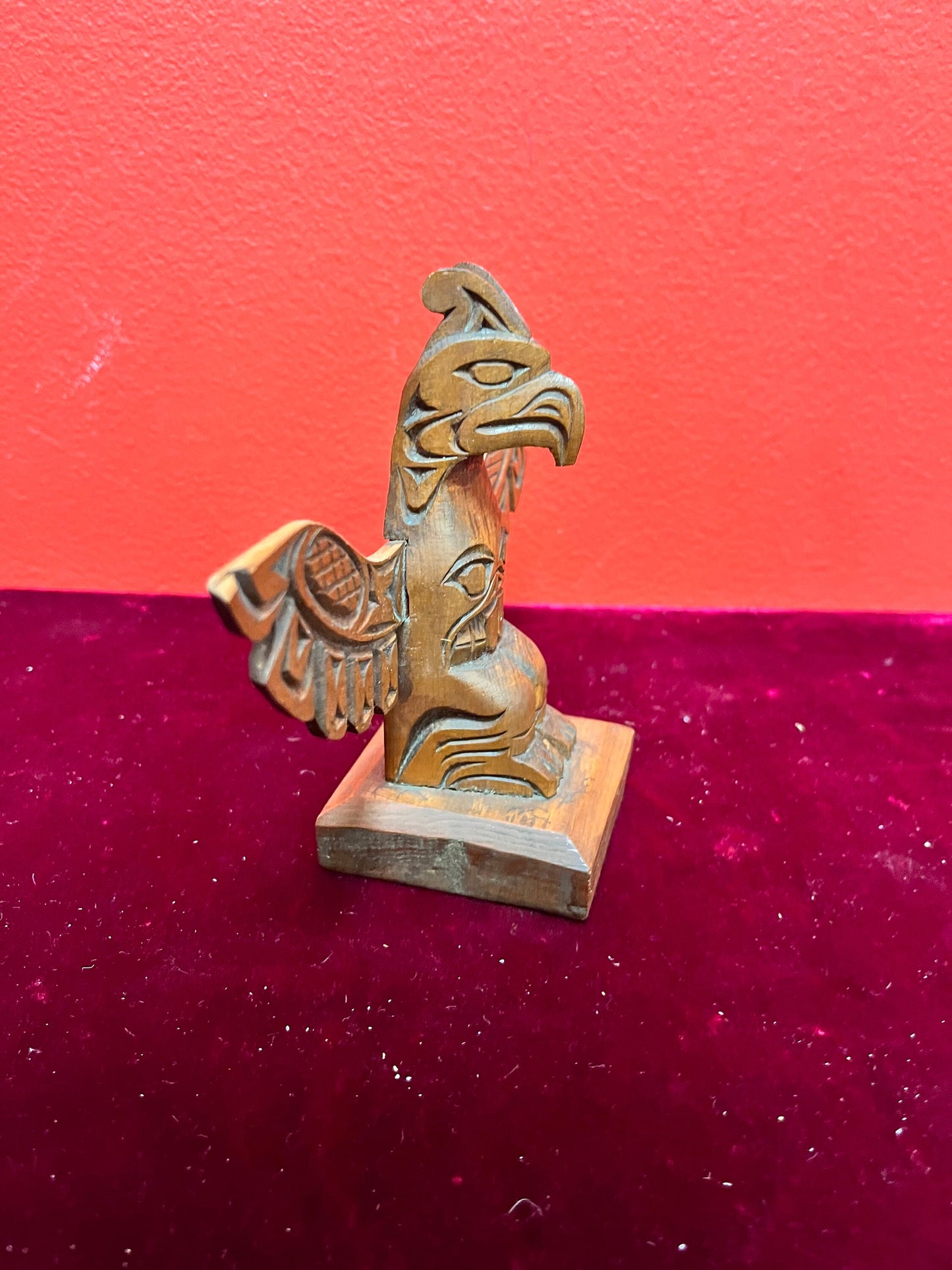 6 x 5“ high  lovely older signed cedar Indigenous First Nations pacific northwest coast winged totem pole  lovely