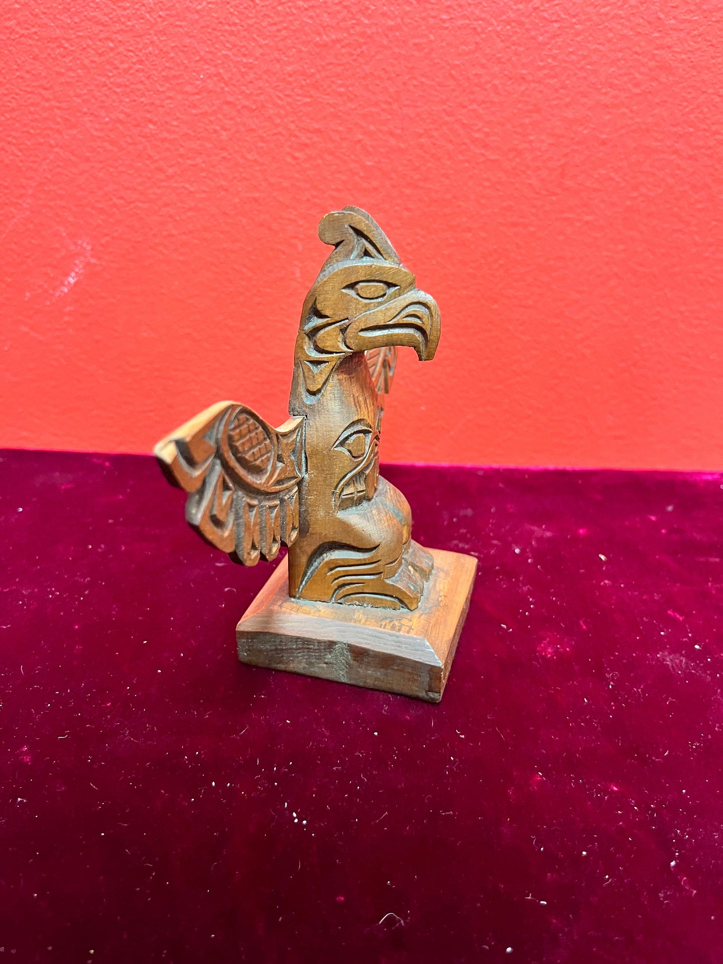 6 x 5“ high  lovely older signed cedar Indigenous First Nations pacific northwest coast winged totem pole  lovely