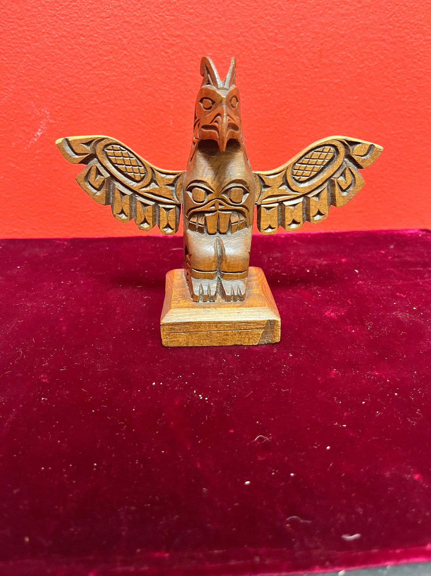 6 x 5“ high  lovely older signed cedar Indigenous First Nations pacific northwest coast winged totem pole  lovely