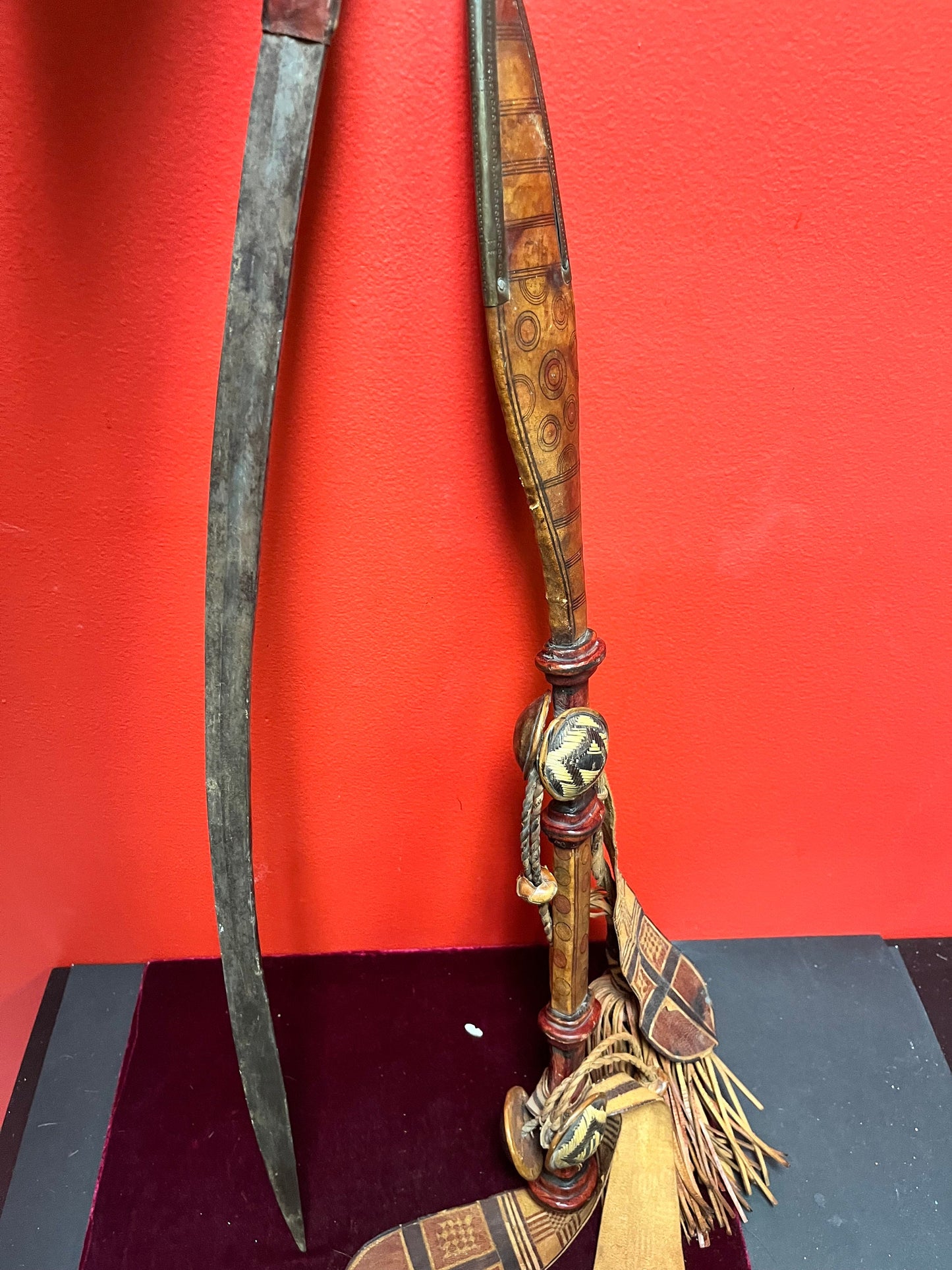 Unbelievably cool antique Persian 28 inch long sword knife  in leather sheaf  Great detail and quality - wow