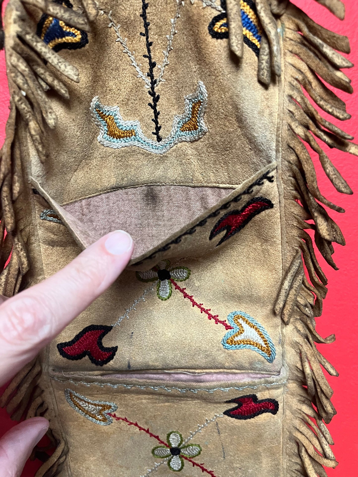 Early indigenous leather and sewn spices and medicine pouch  18 x 9 inches -  late 1800s  Indigenous First Nations northwest coast