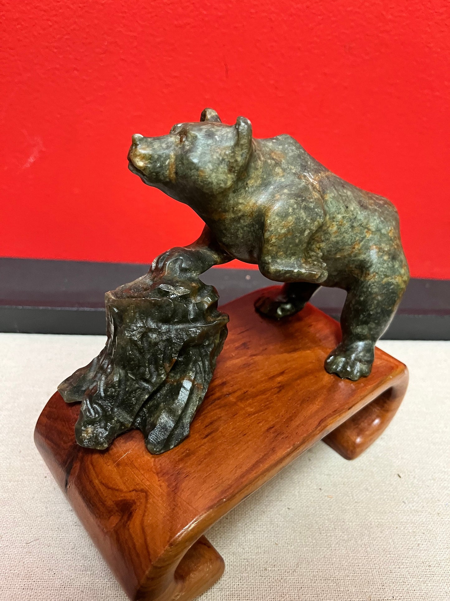 Lovely 6 x 7 high indigenous inuit soapstone bear statue mounted on a Chinese Rosewood stand  a happy marriage