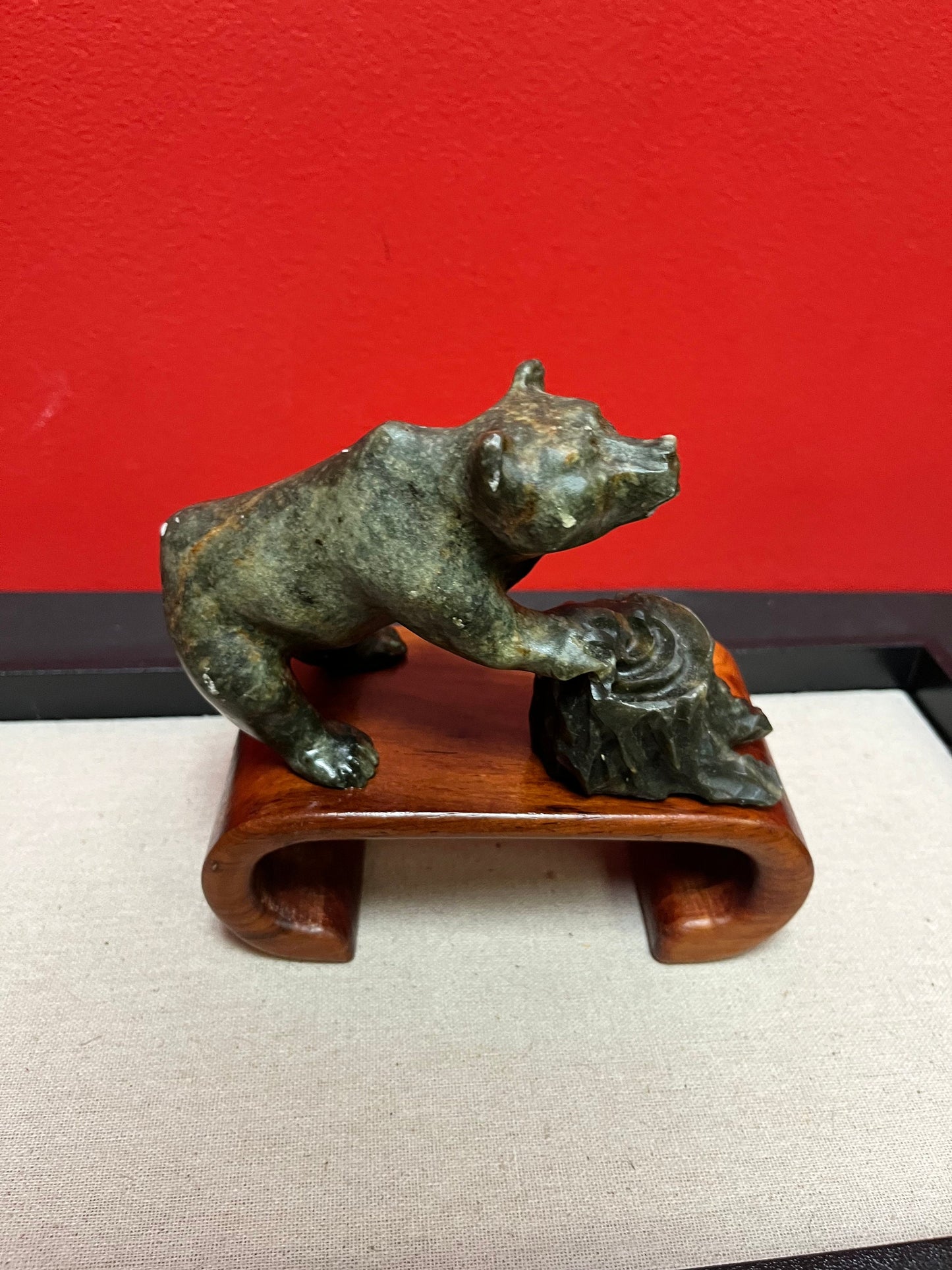 Lovely 6 x 7 high indigenous inuit soapstone bear statue mounted on a Chinese Rosewood stand  a happy marriage