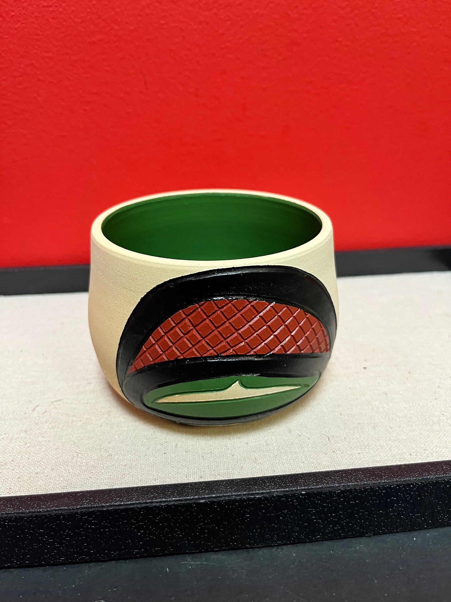 A  Fabulous 3 1/2 by 4 1/2“ wide Indigenous First Nations pacific northwest coast, Stewart Jacobs pottery beaver bowl  wonderful quality