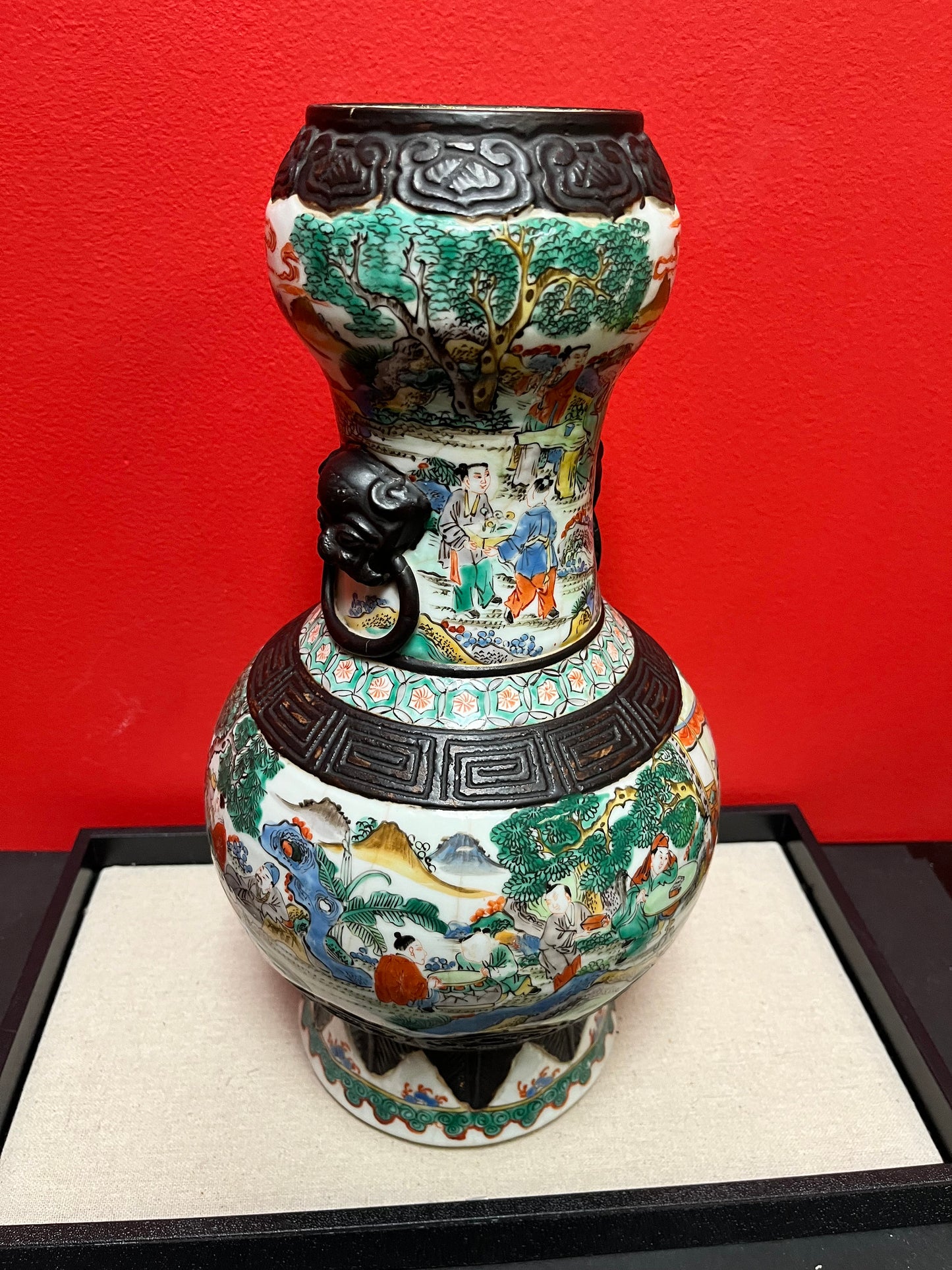 A  Lovely 14 inch Chinese Nanking late 19 century porcelain and bronze double gourd  vase  fabulous piece  see photos