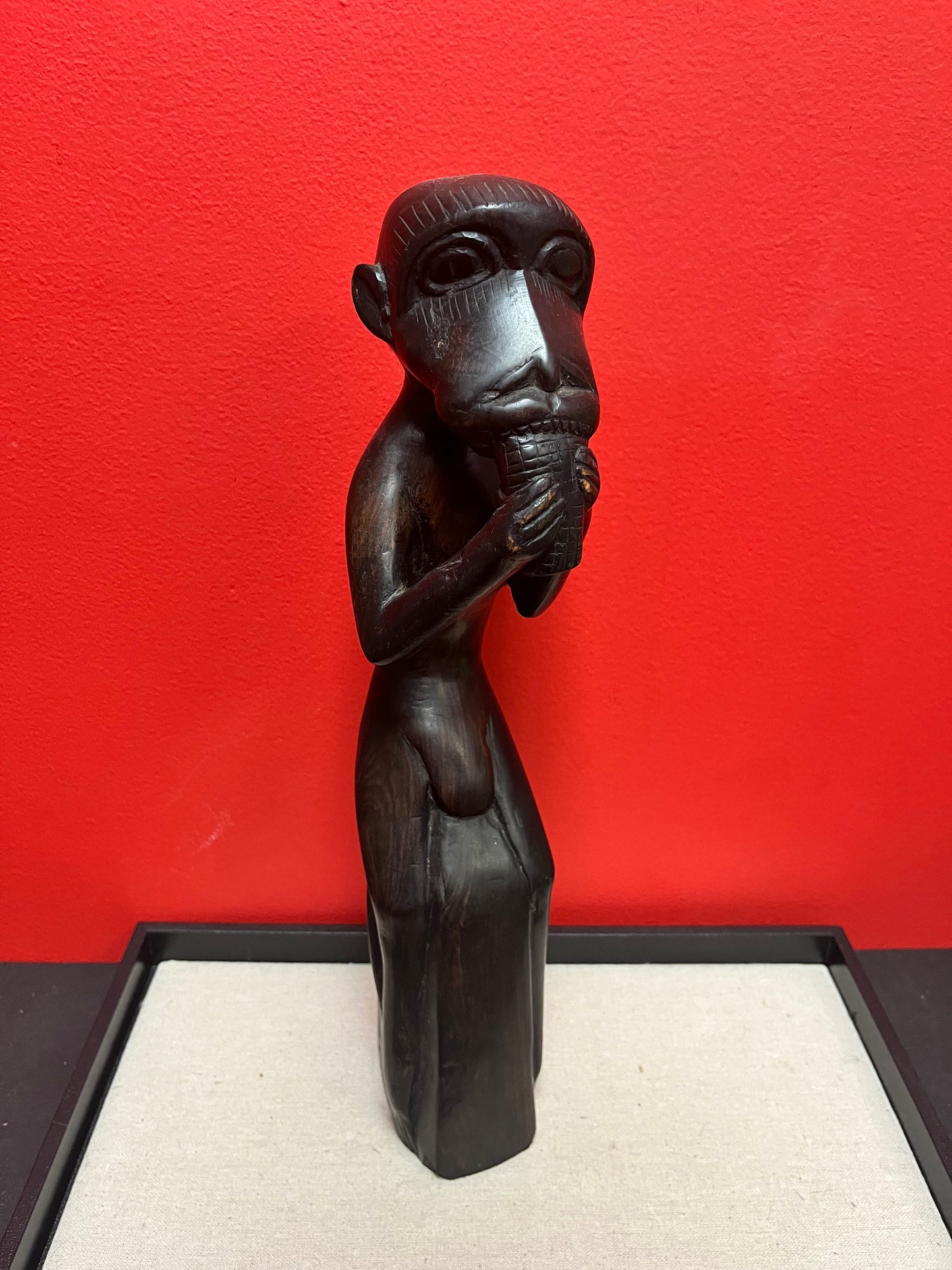 15 inch tall stunning African heavy ebony wood monkey statue wonderful Patina  beautiful piece of African art