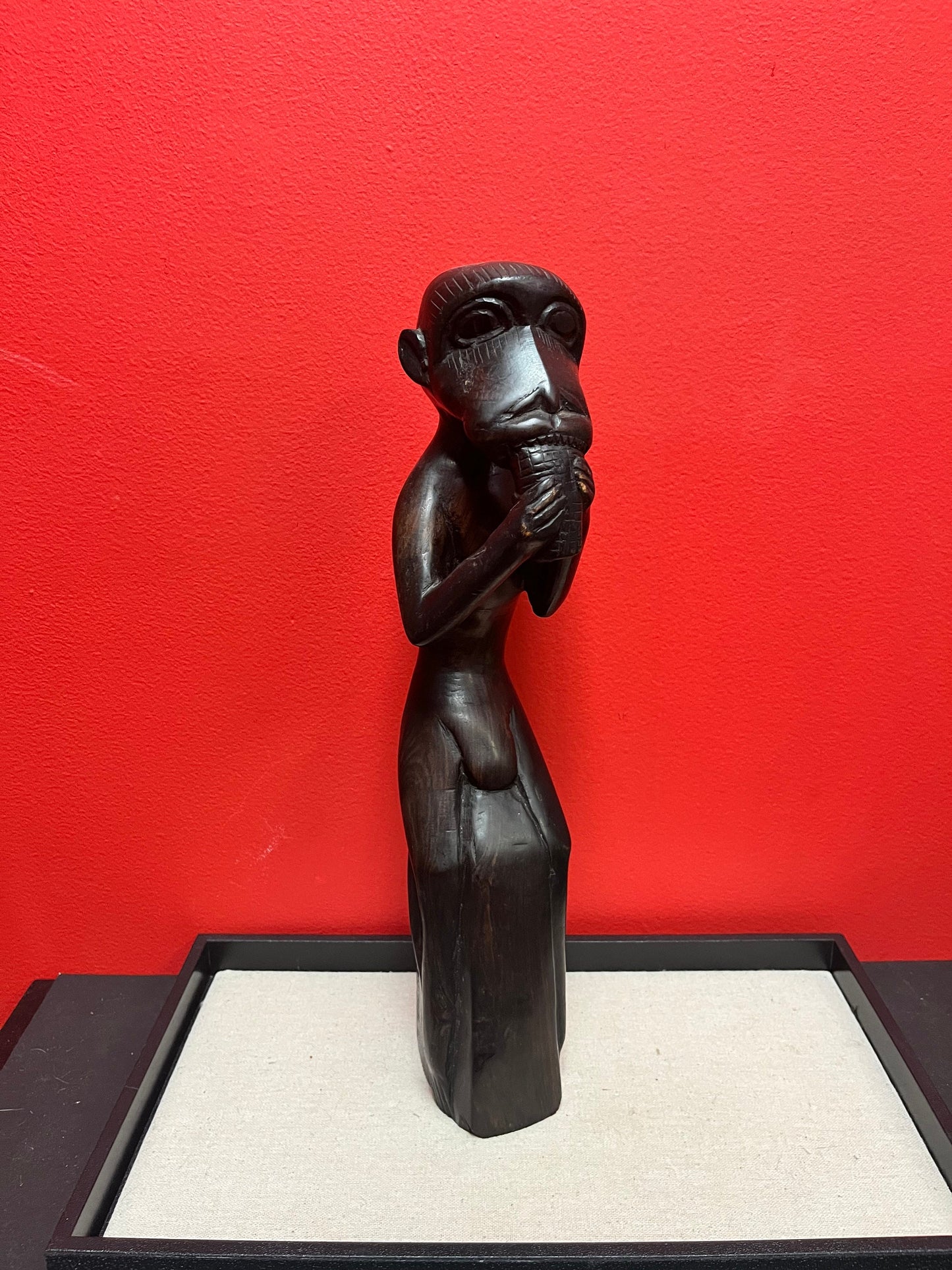 15 inch tall stunning African heavy ebony wood monkey statue wonderful Patina  beautiful piece of African art