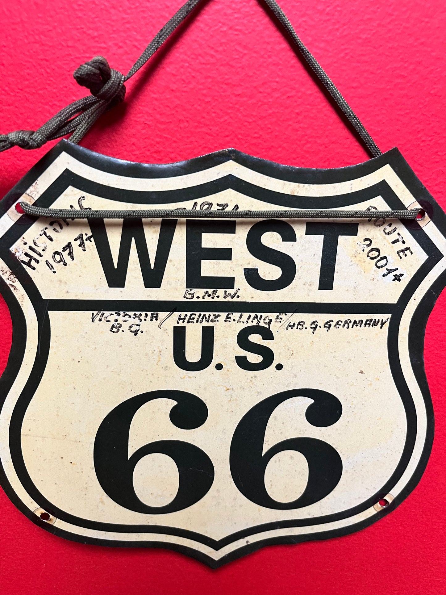 Fabulous 11 x 7“ wide route 66 original metal sign   numerous journal entries on the front and back  one of a