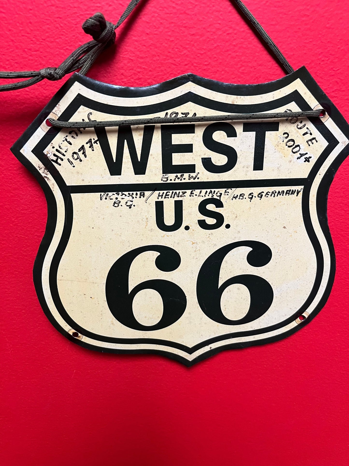 Fabulous 11 x 7“ wide route 66 original metal sign   numerous journal entries on the front and back  one of a