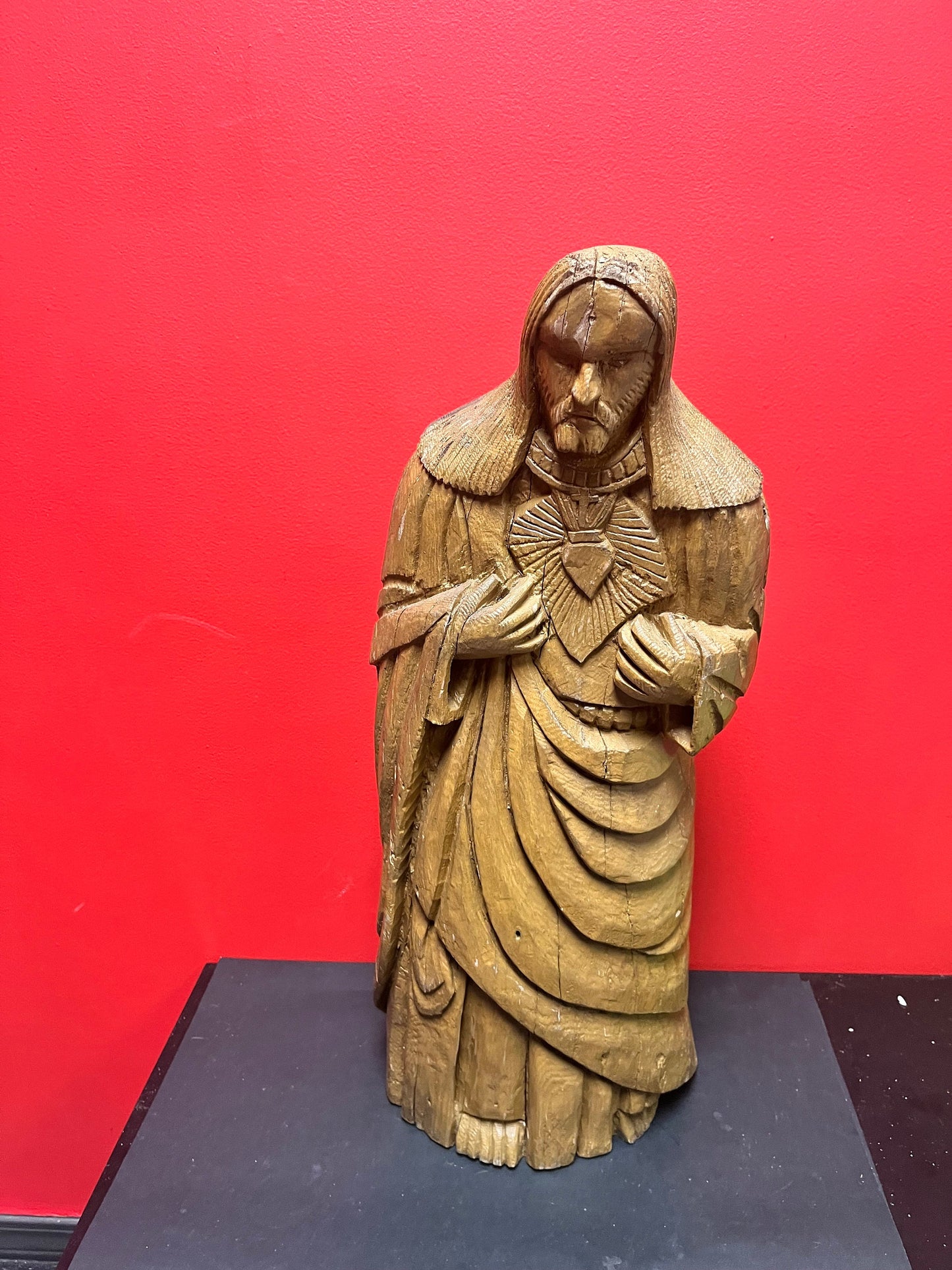 Stunning museum quality 25 inch tall early 19 century European wooden statue of Jesus  super heavy and impressive - wow