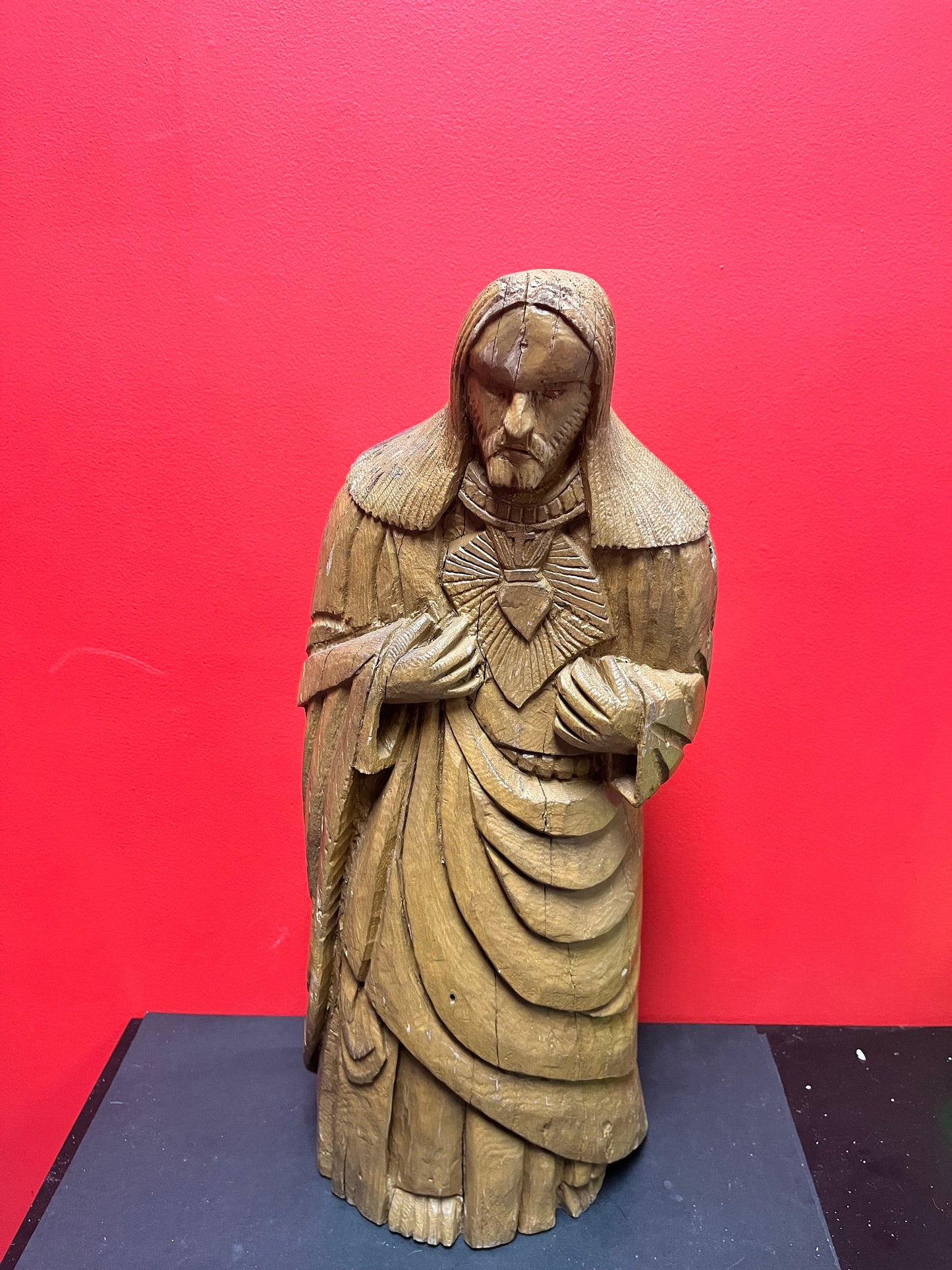 Stunning museum quality 25 inch tall early 19 century European wooden statue of Jesus  super heavy and impressive - wow