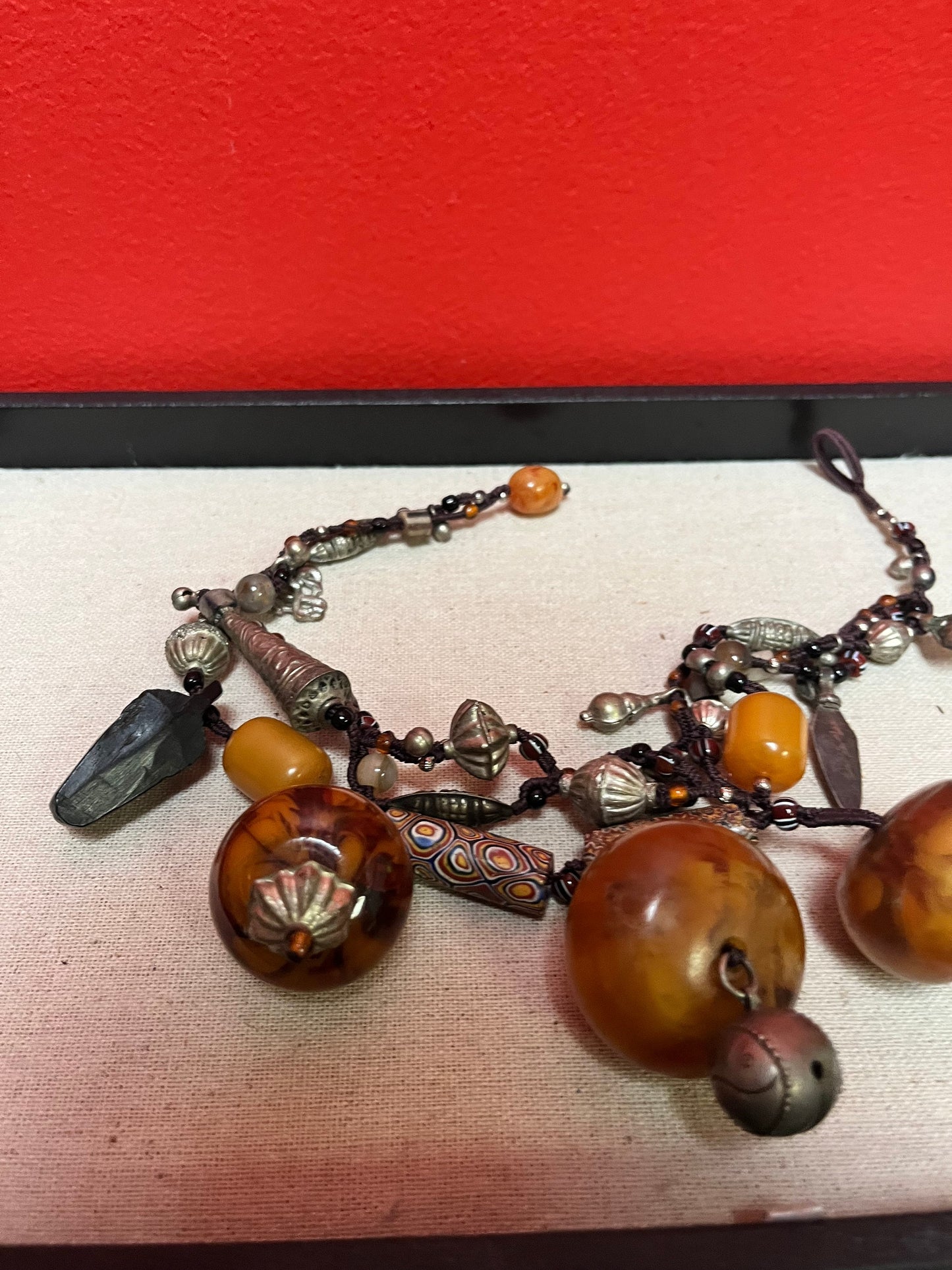 Stunning Tribal necklace choker with a variety of beads etc — approx 17 inches long total