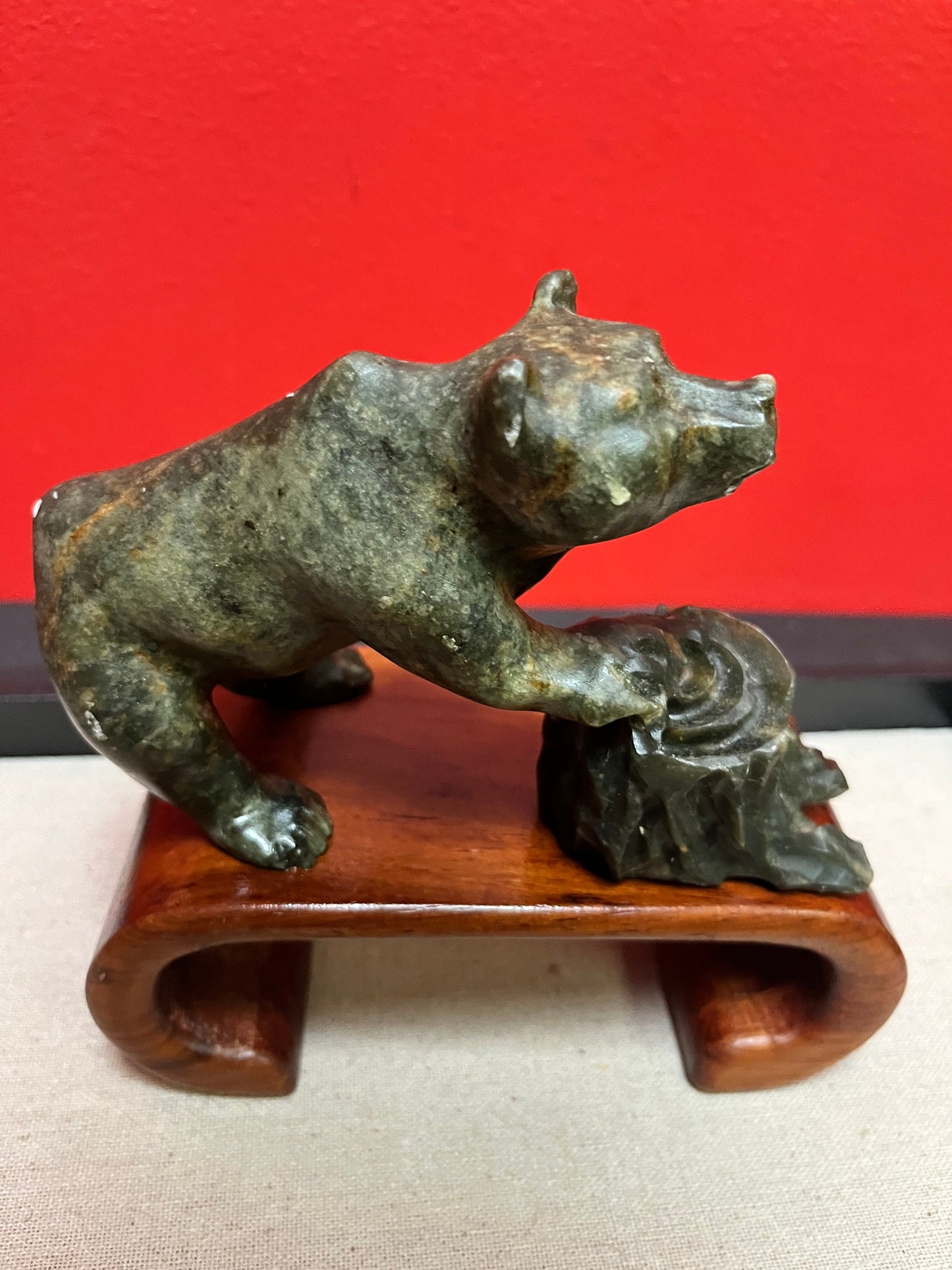 Lovely 6 x 7 high indigenous inuit soapstone bear statue mounted on a Chinese Rosewood stand  a happy marriage