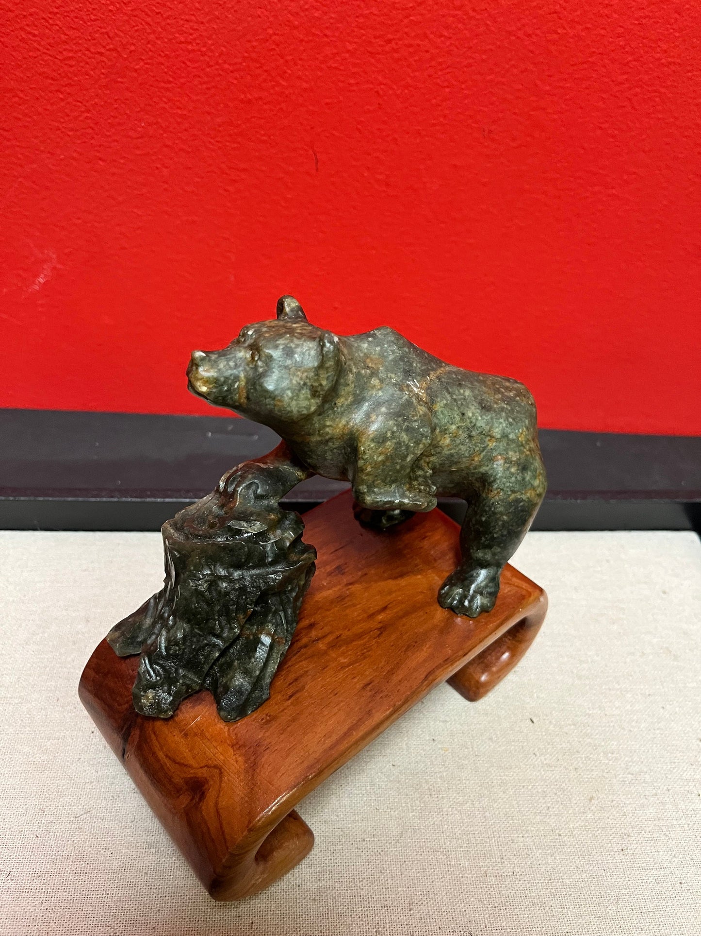 Lovely 6 x 7 high indigenous inuit soapstone bear statue mounted on a Chinese Rosewood stand  a happy marriage