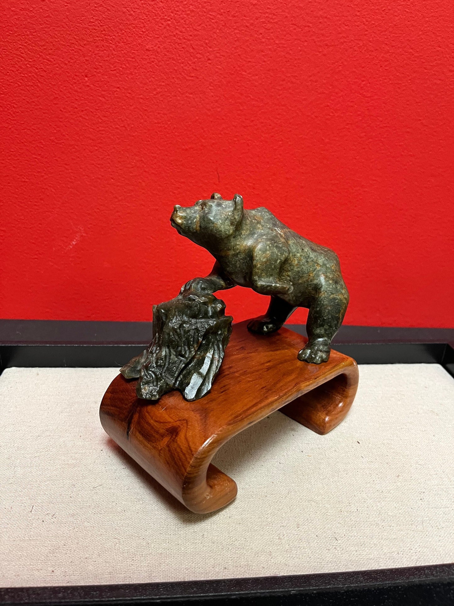 Lovely 6 x 7 high indigenous inuit soapstone bear statue mounted on a Chinese Rosewood stand  a happy marriage