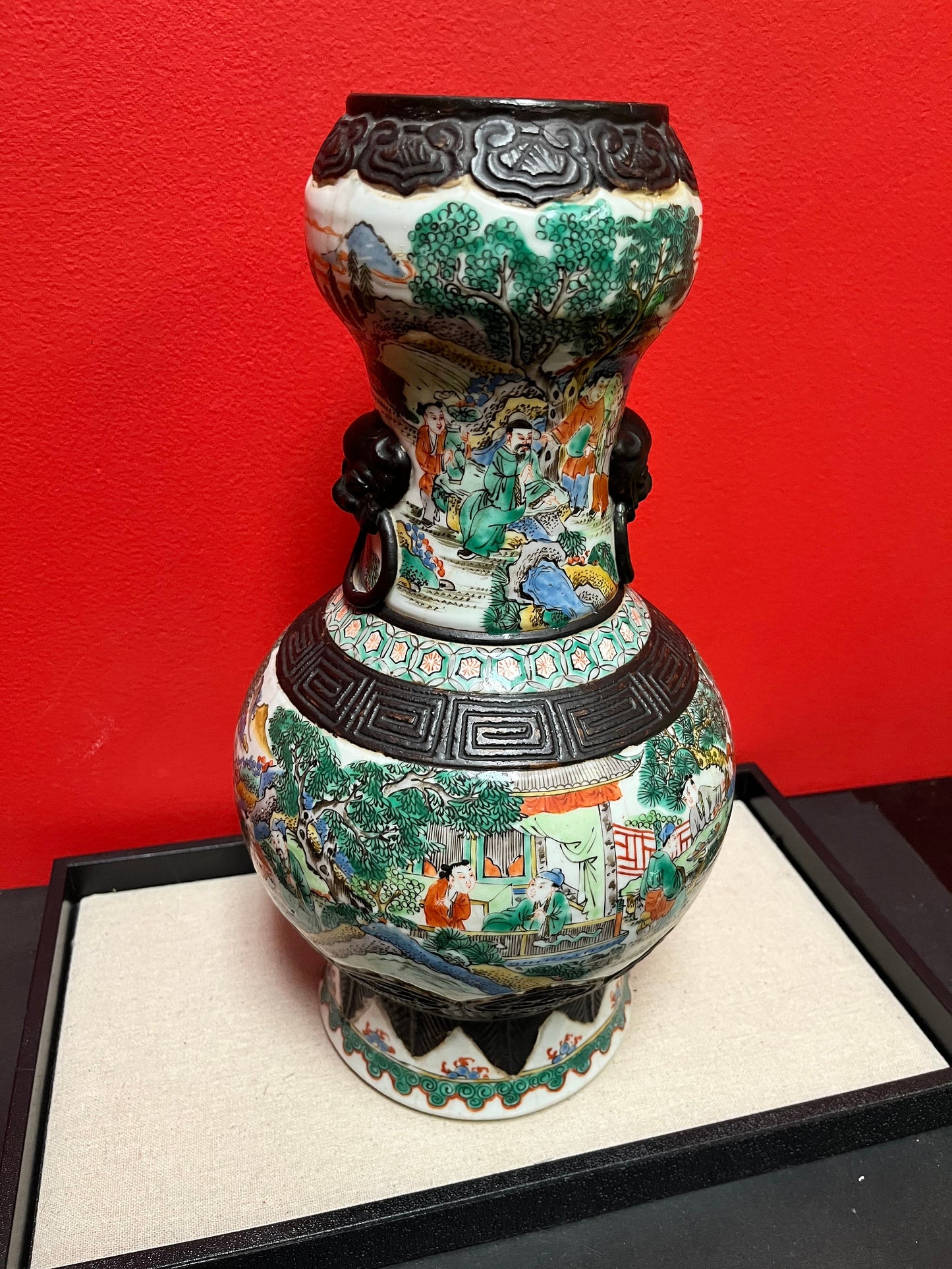 A  Lovely 14 inch Chinese Nanking late 19 century porcelain and bronze double gourd  vase  fabulous piece  see photos